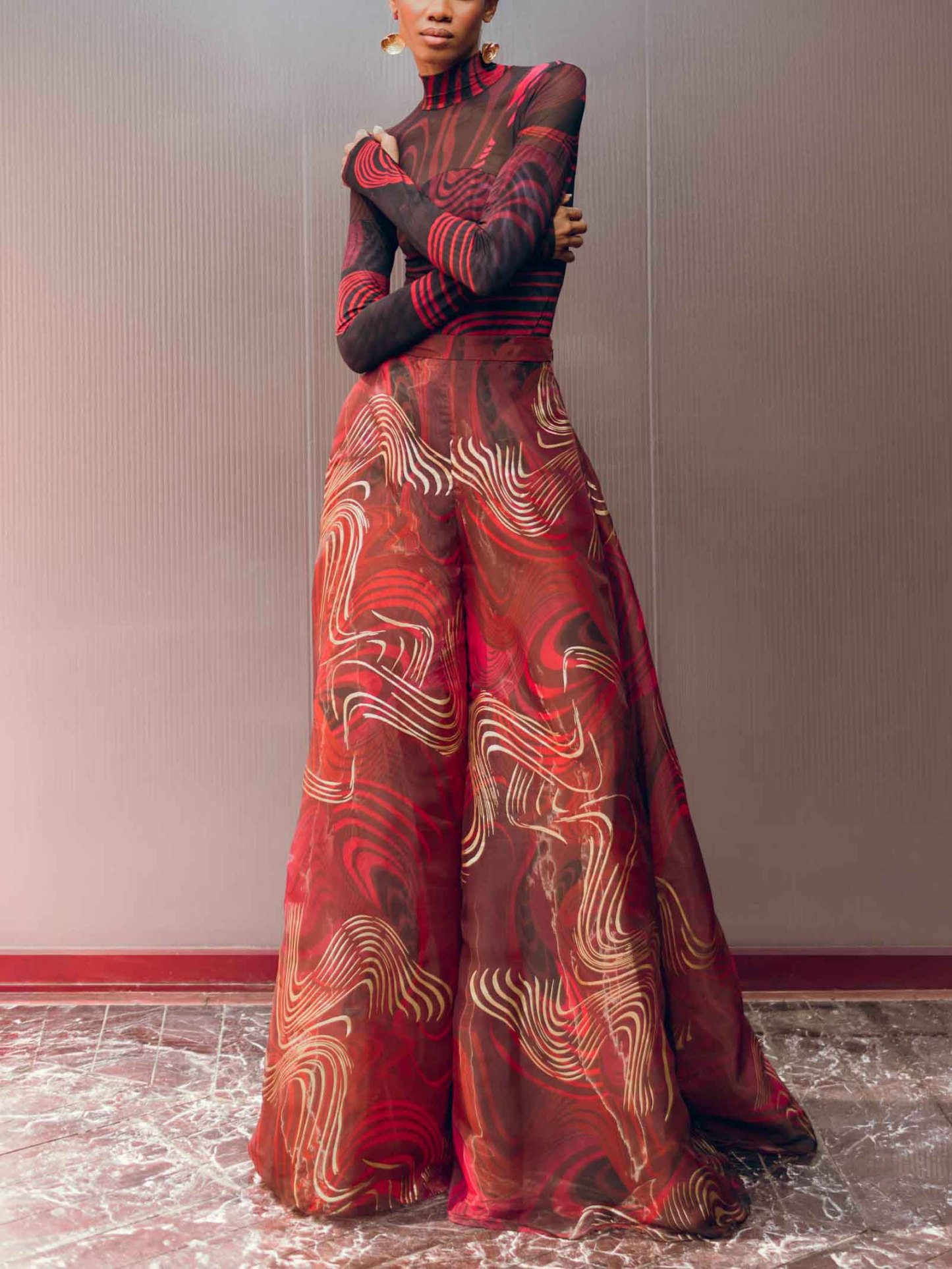 Retro Abstract Print Mesh T-shirt & Wide-leg Pants Two-piece Set