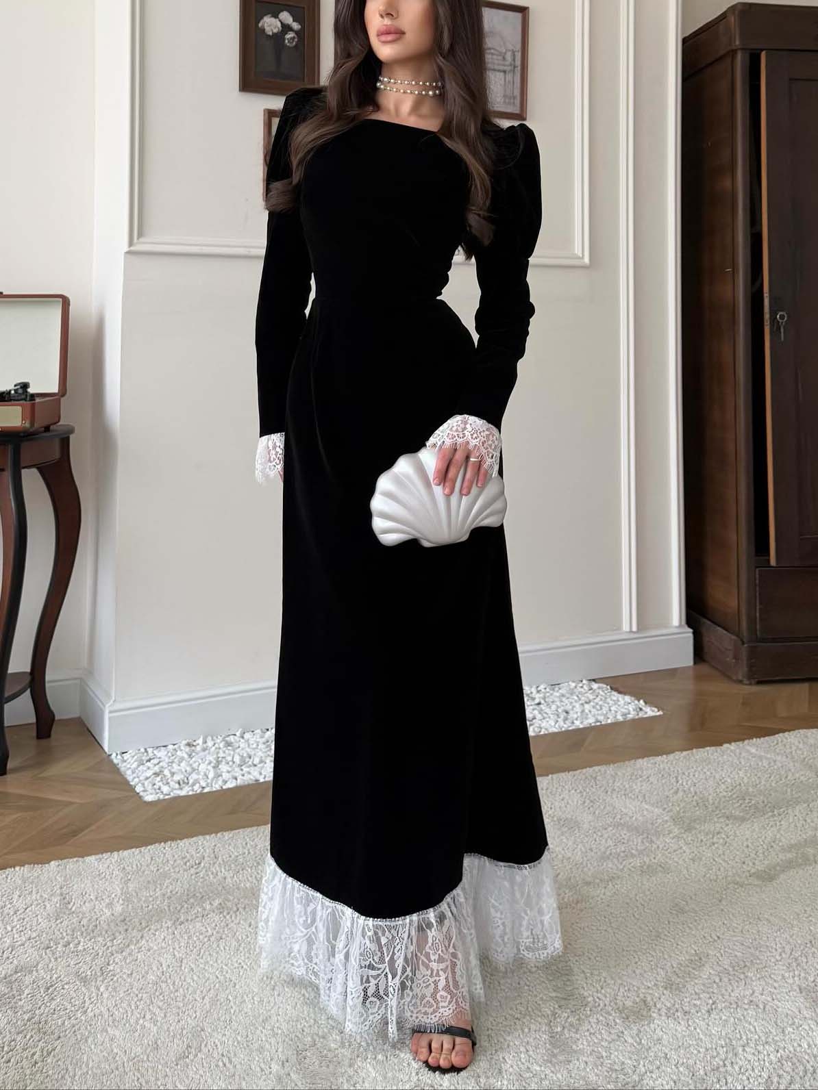 Elegant Velvet Lace Trim French Maxi Dress