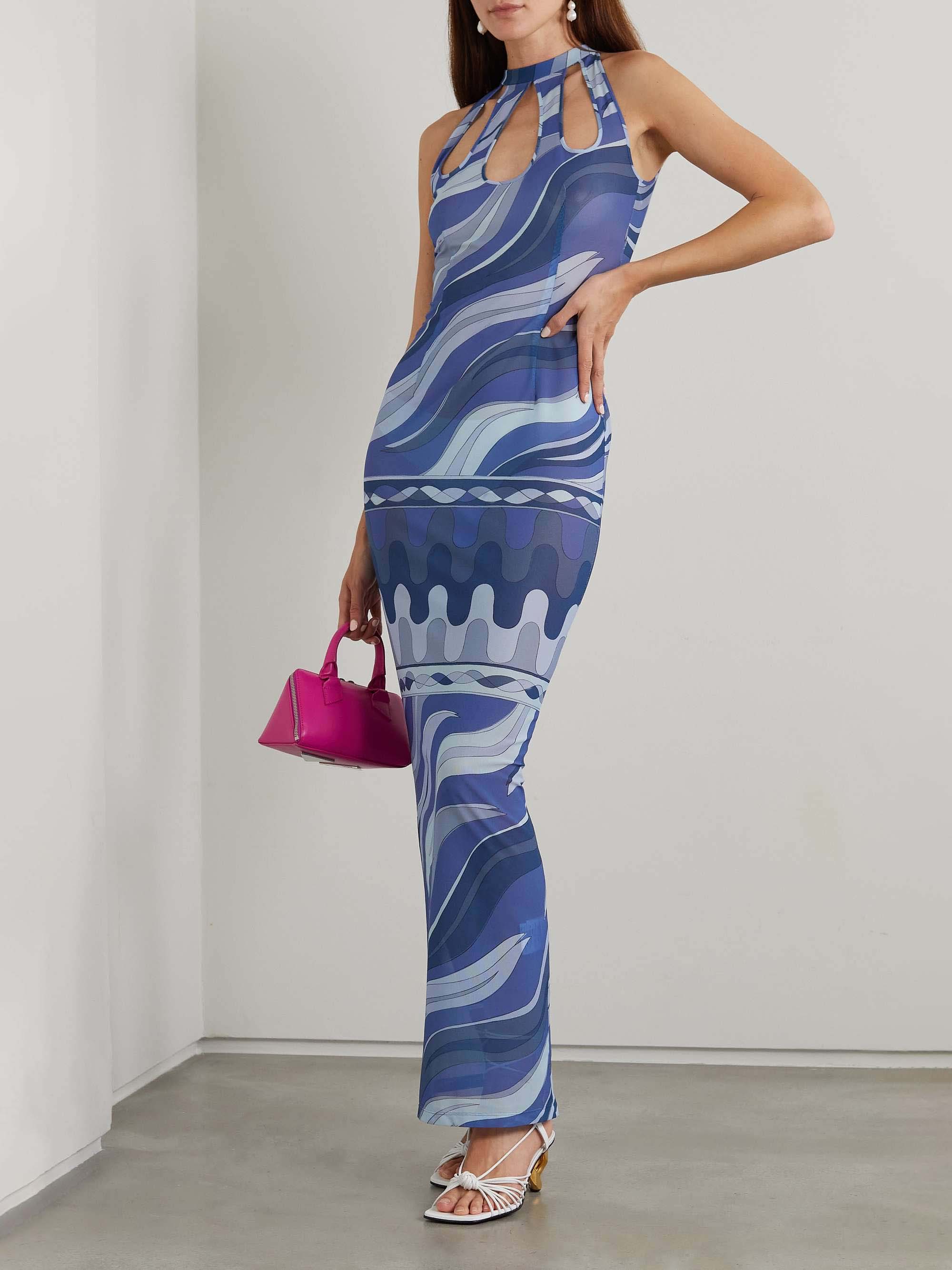 Blue Abstract Wave Print Halterneck Cutout Maxi Dress