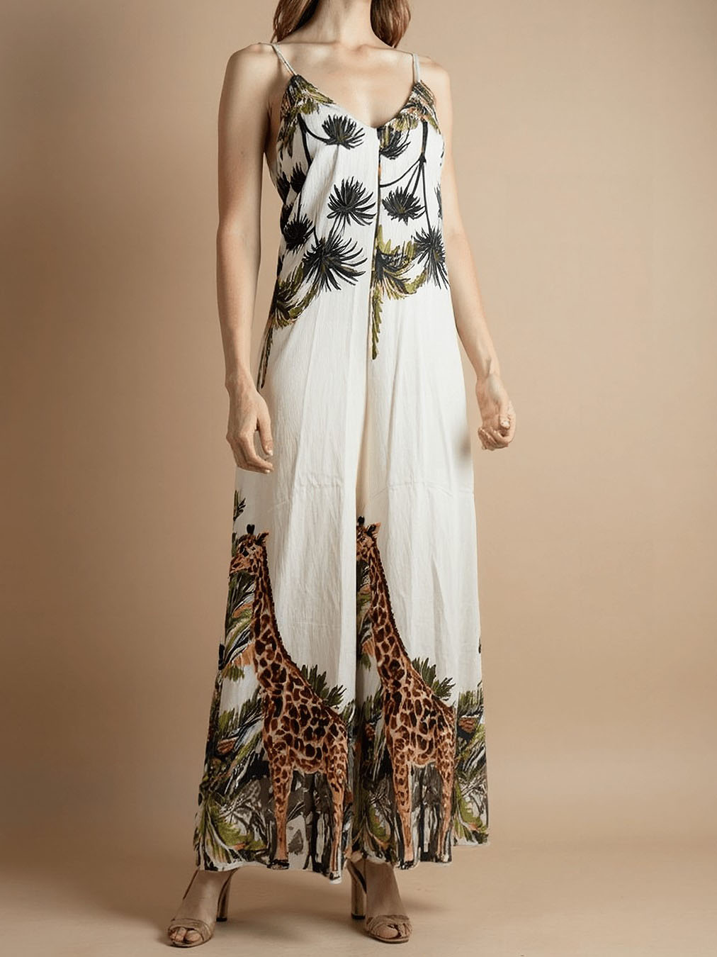 Tropical Giraffe Palm Tree Print Sleeveless High-Waist Jumpsuit