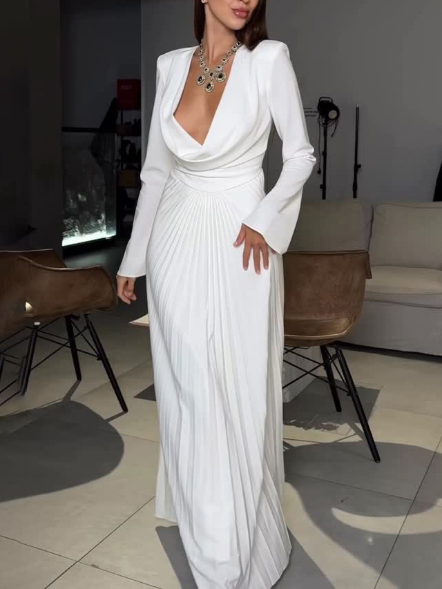 Elegant Draped Neckline Pleated Maxi Dress