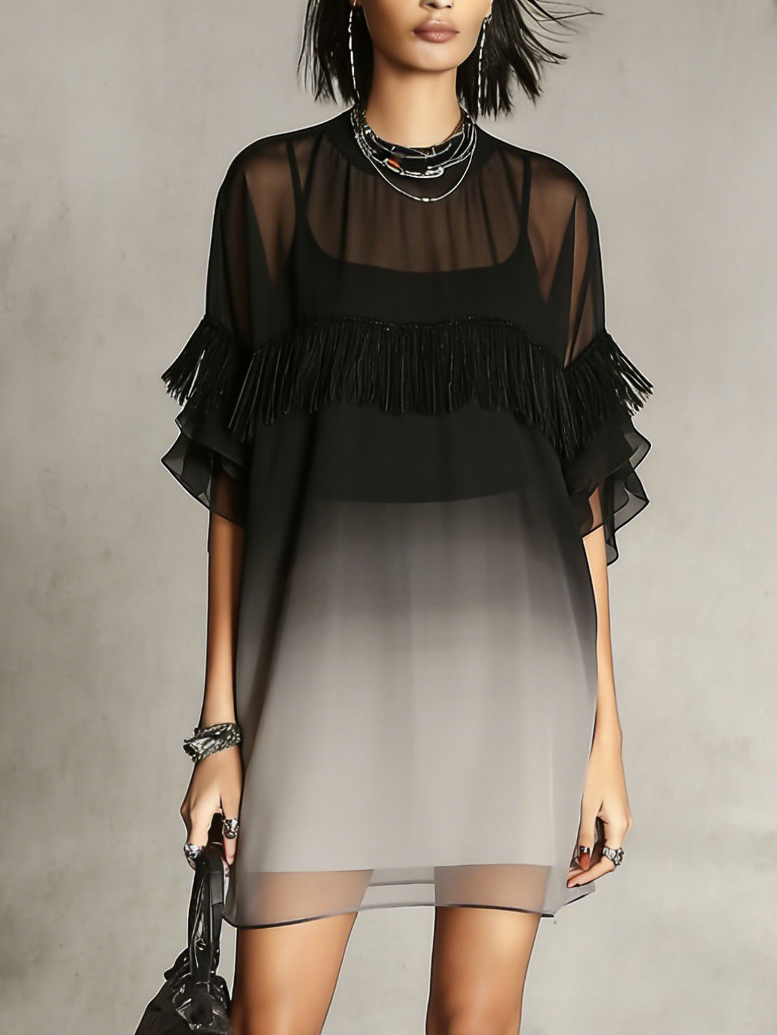 Exquisite Gradient Tassel Trim Chiffon Mini Dress
