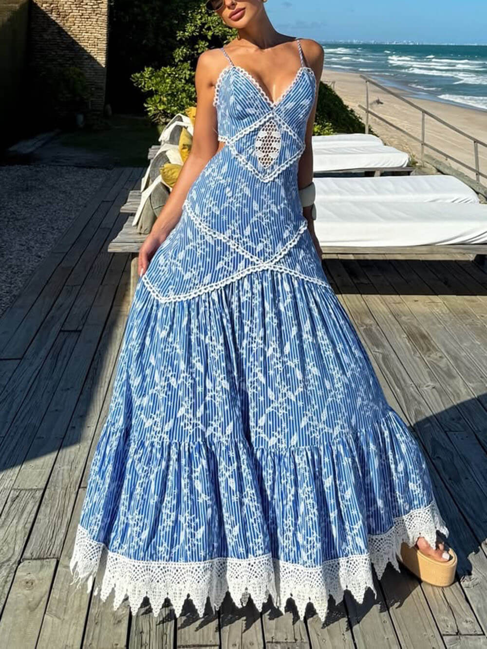 Boho Lace Insert Printed Backless Maxi Dress