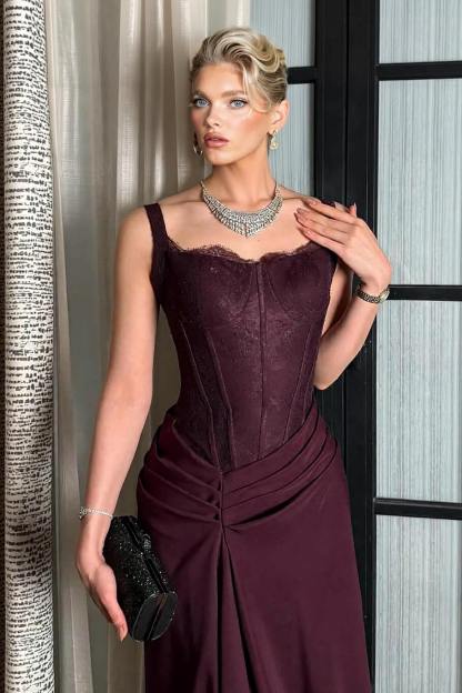 Elegant Lace With Side Slit Evening Gown Maxi Dress