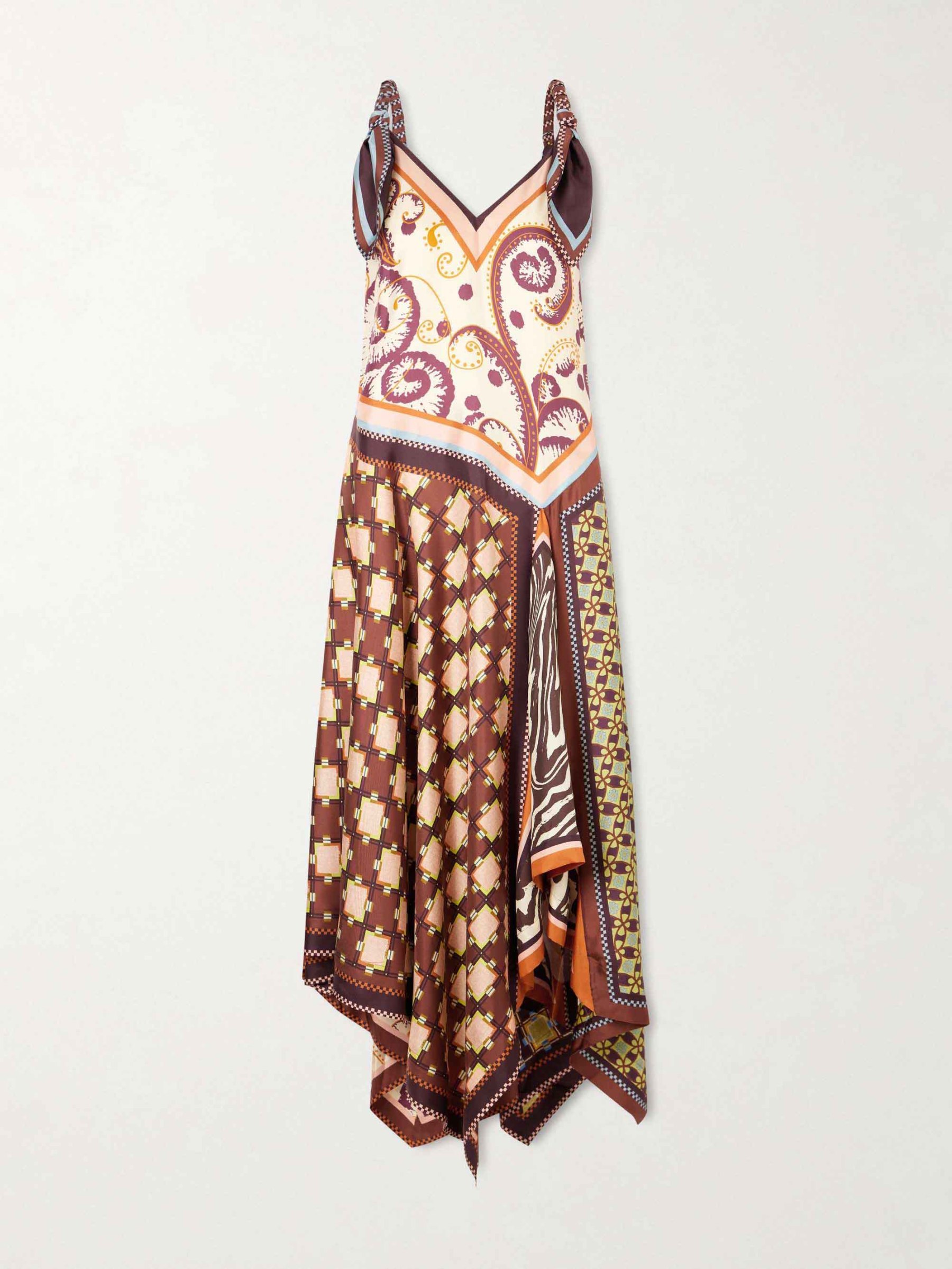 Retro Geometric Patchwork Print V-Neck Asymmetric Maxi Dress