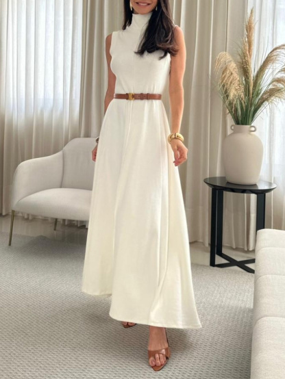 Elegant Sleeveless High-Neck Belted Maxi Dress