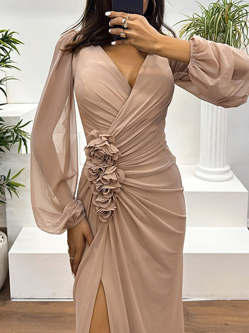 Elegant V-Neck Ruched Floral Slit Maxi Dress