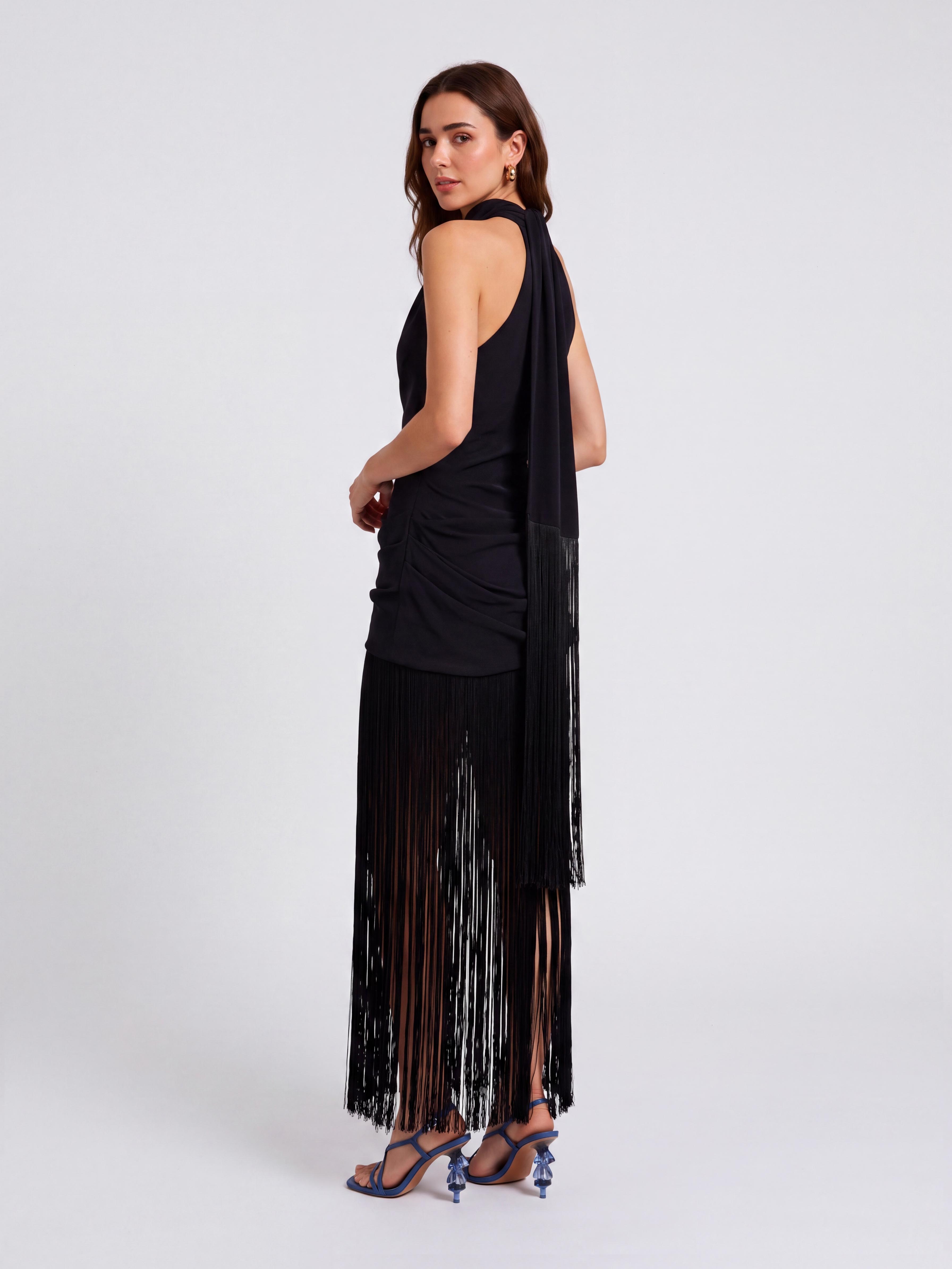 Sleeveless Halter Tassel Midi Dress