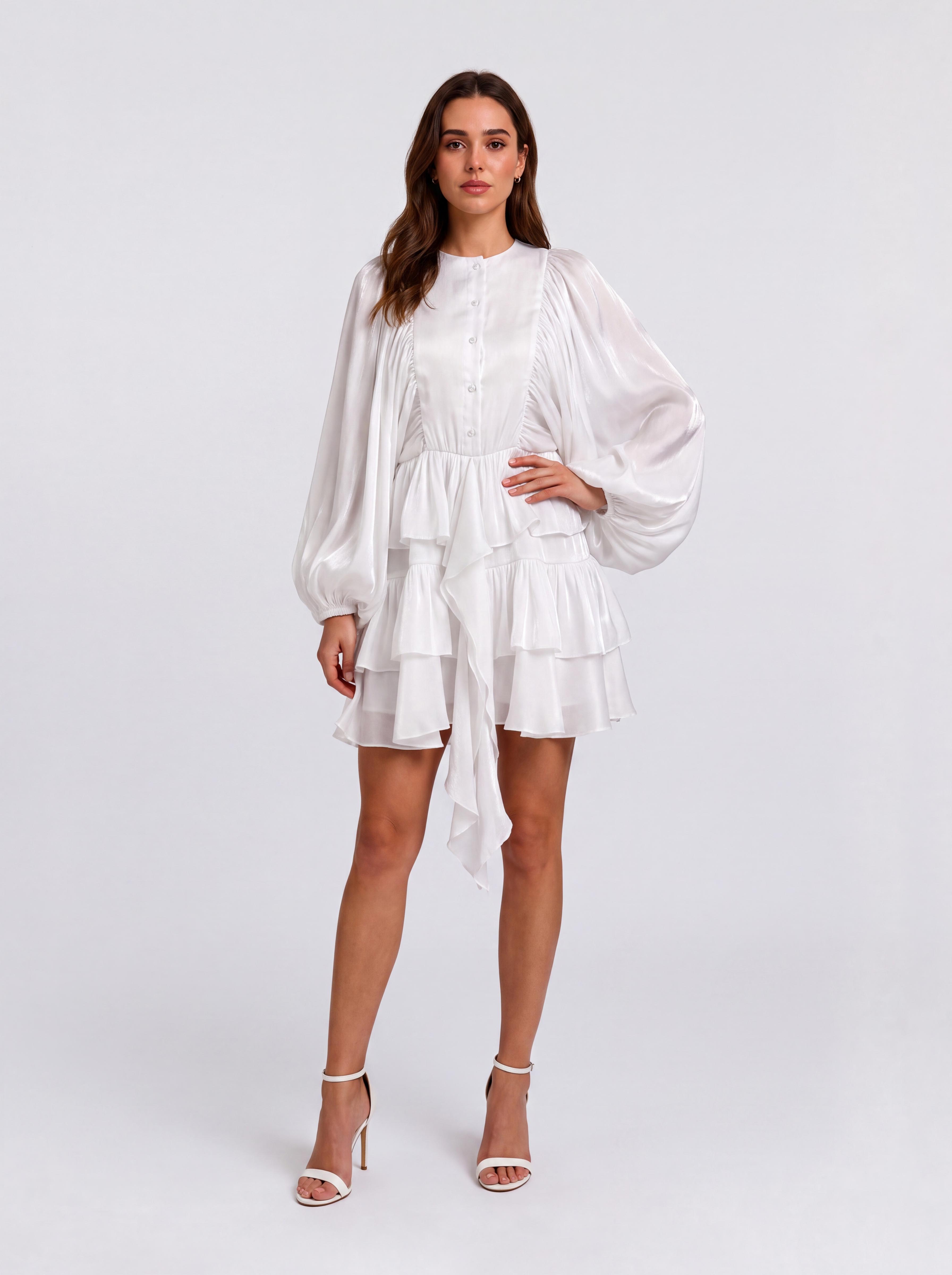 Layered Ruffled Puff Sleeve Short Dress
