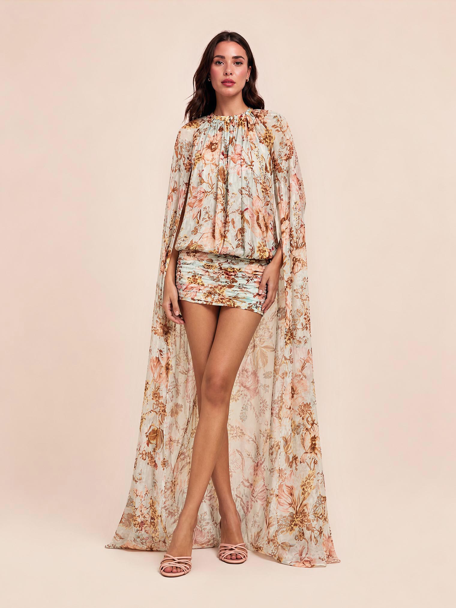 Vintage Chiffon Floral Cape Sleeve Dress