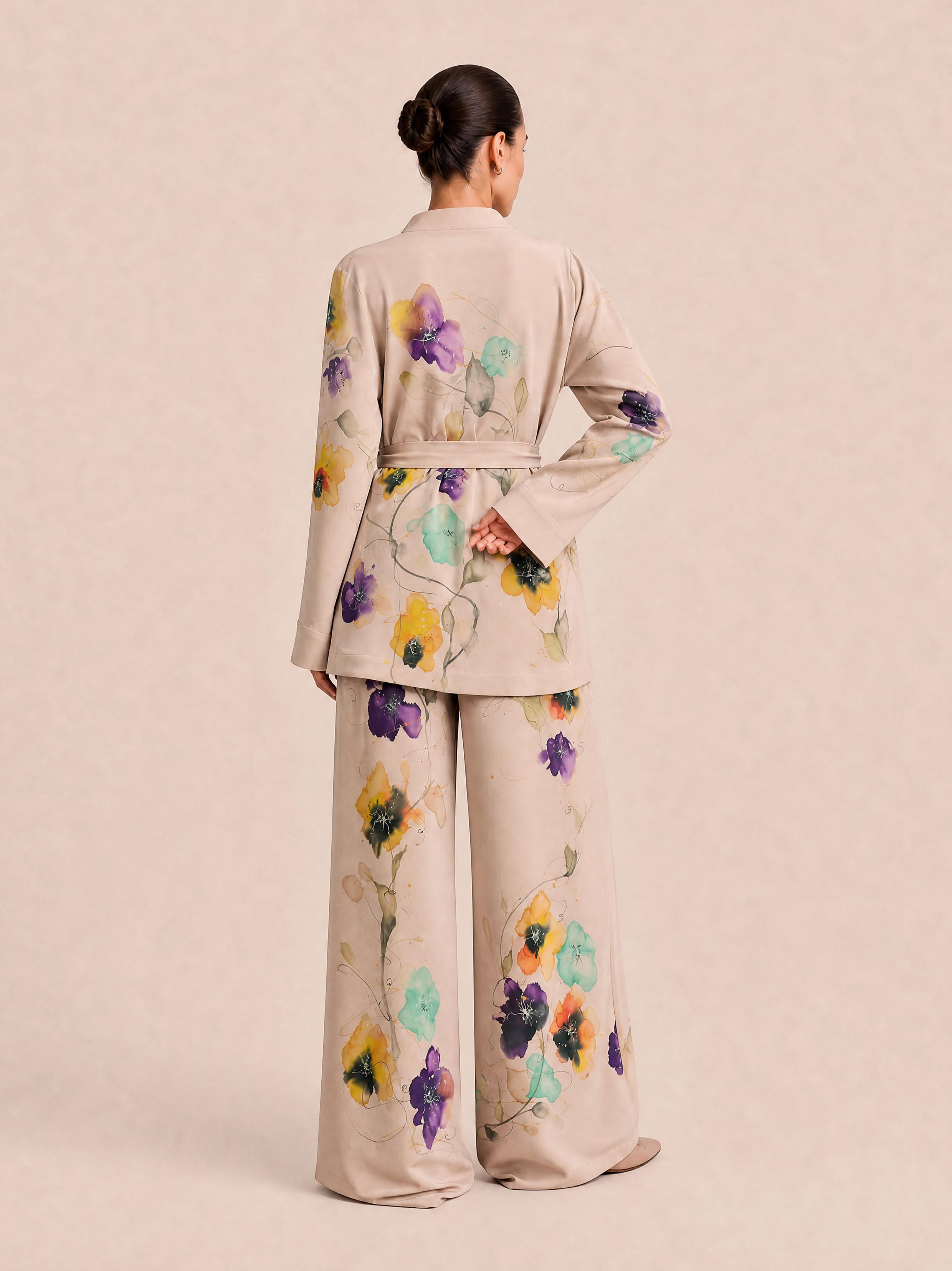 Watercolor Floral Print Satin Two-piece Set
