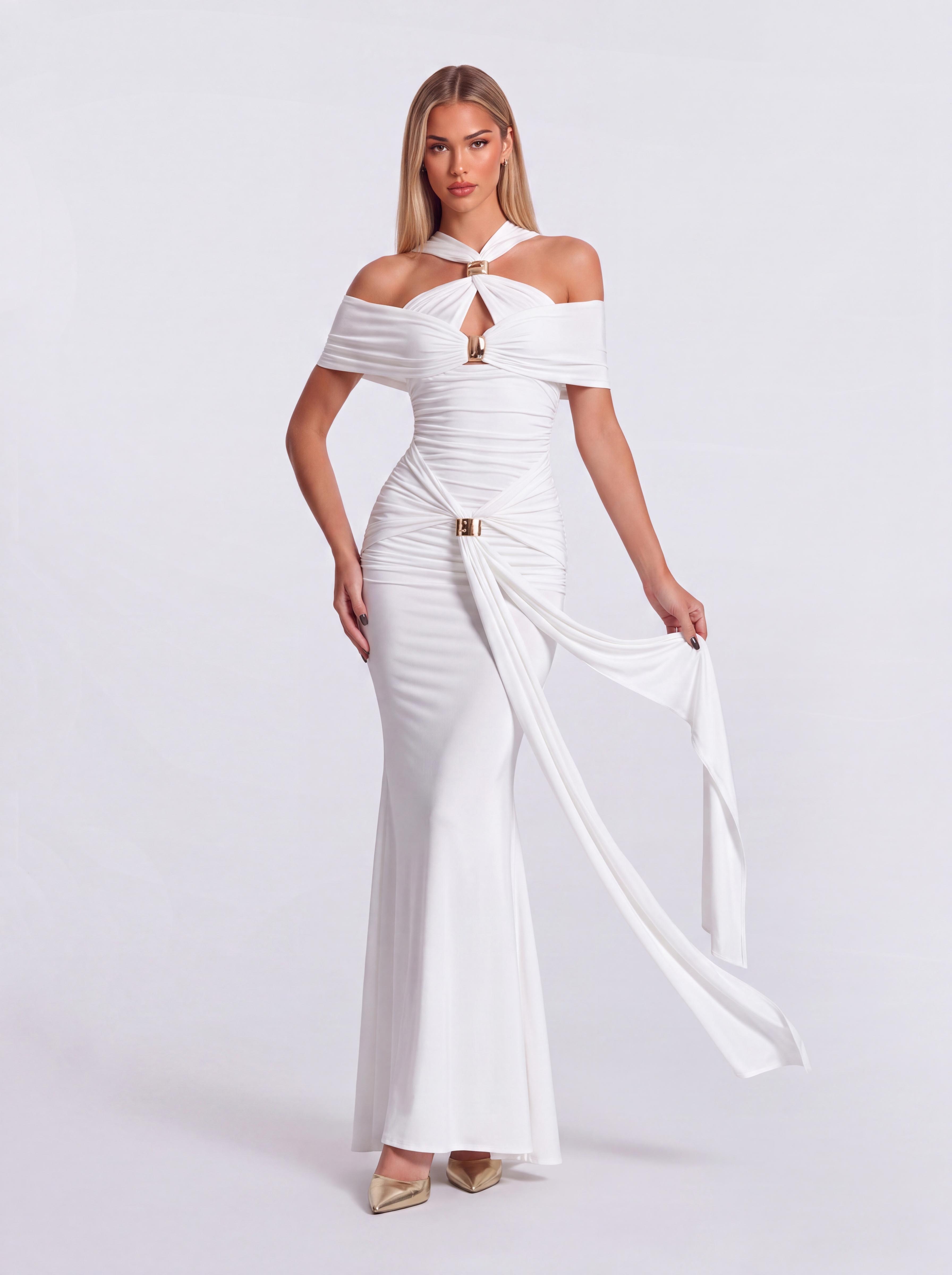 Halter-Strap Open-Shoulder Pleated Fishtail Dress