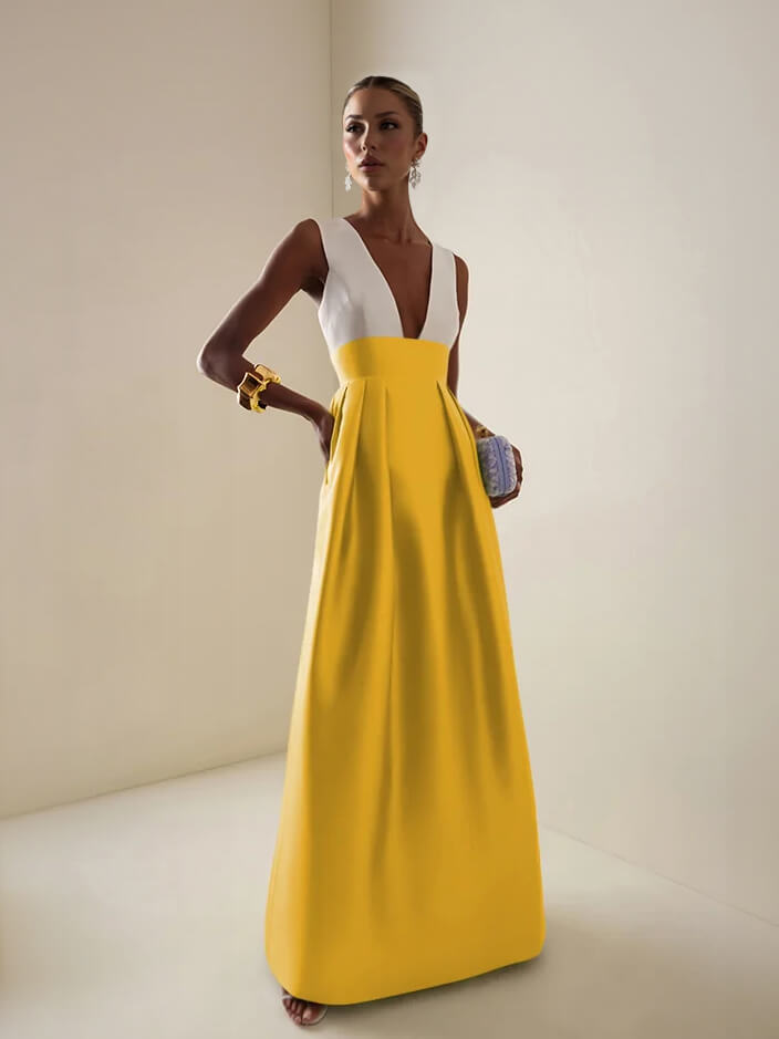 Elegant Deep V-Neck Colorblock Ruched A-Line Maxi Dress