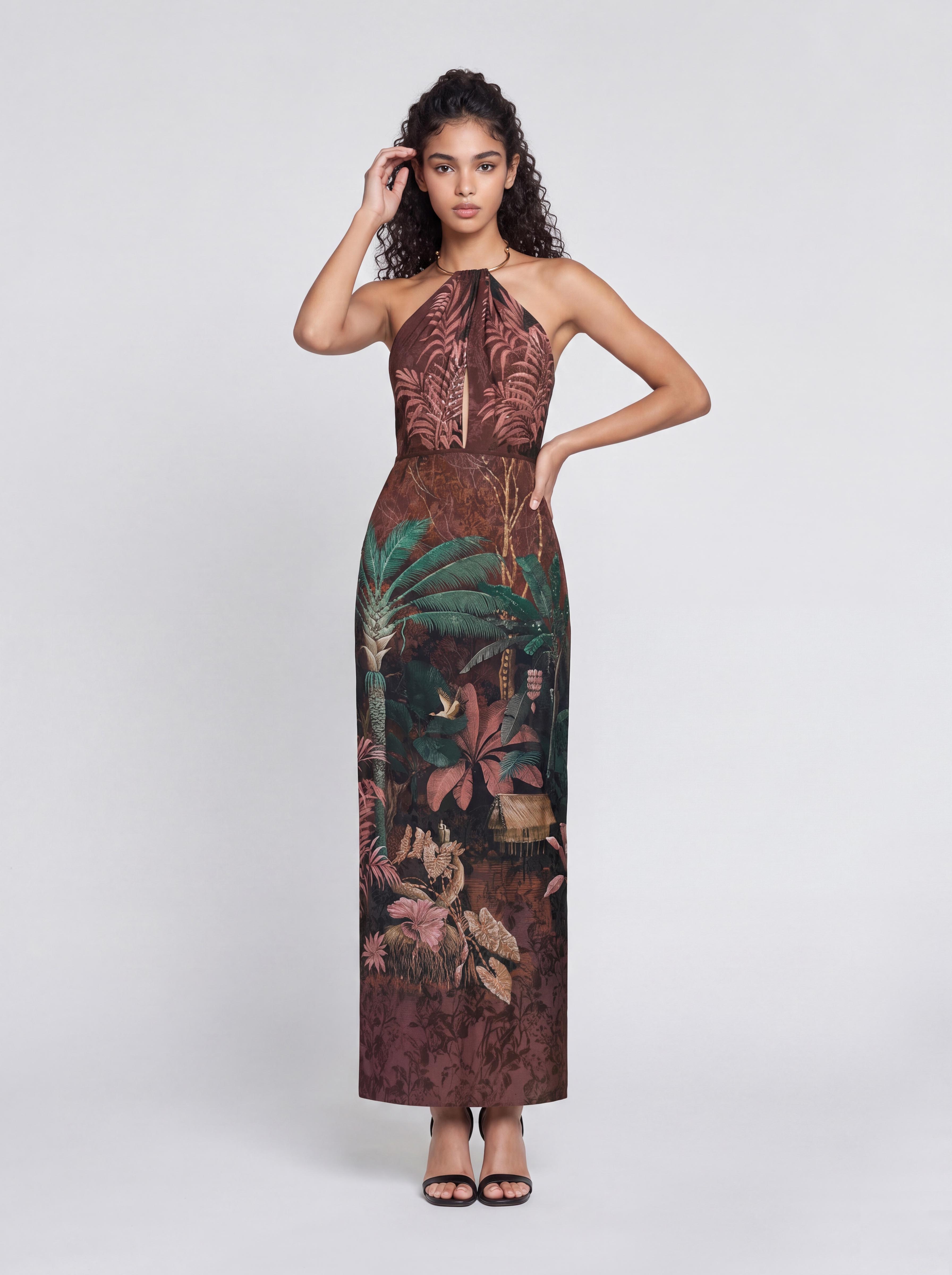 Slim-Fit Long Neck Rainforest Print Dress