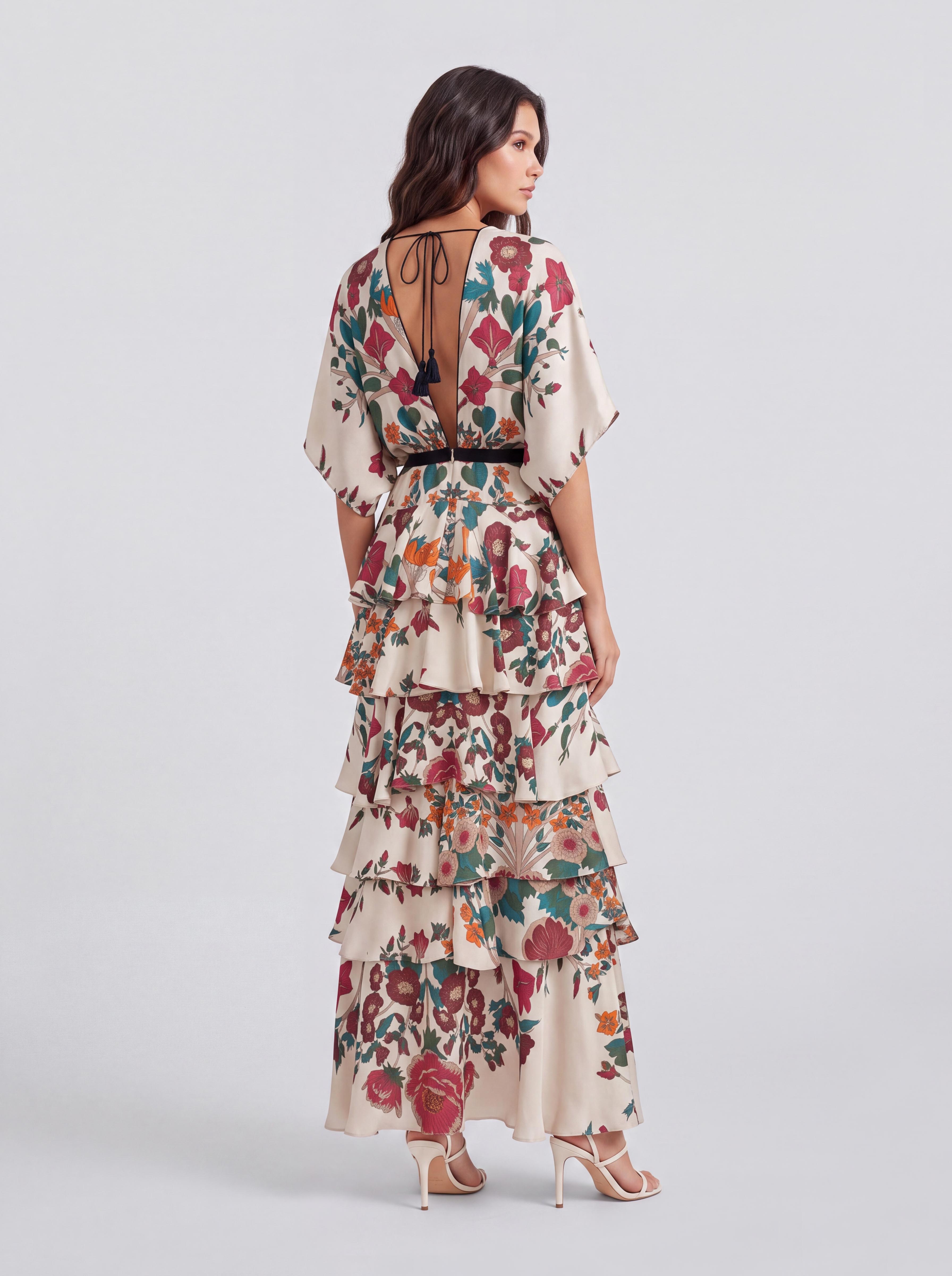Vintage Floral Deep V-Bat Sleeve Tight Waist Multi-Layer Ruffled Holiday Dress