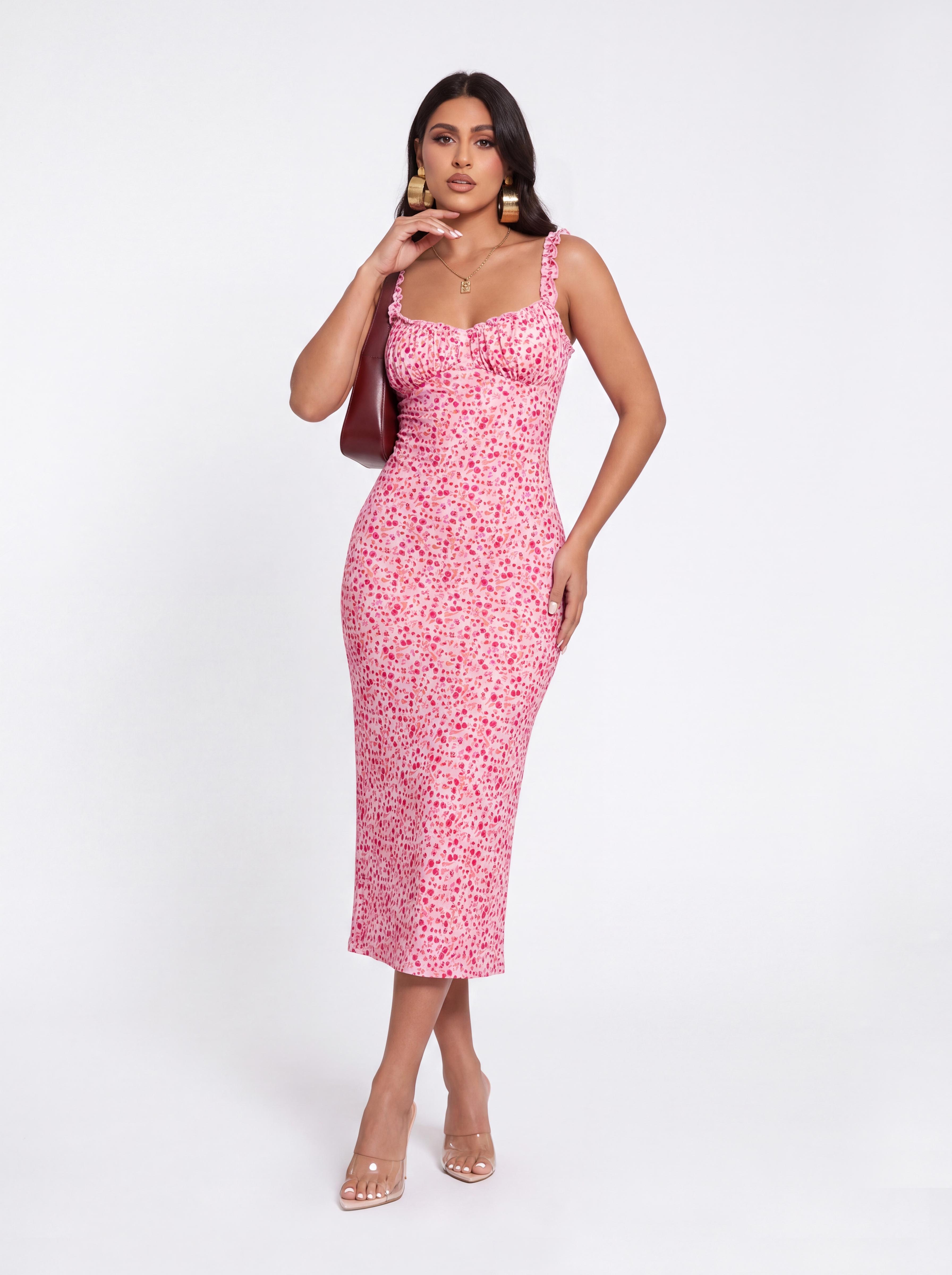 Pink Floral Fine Strap Pleated Slim Fit Midi Dress