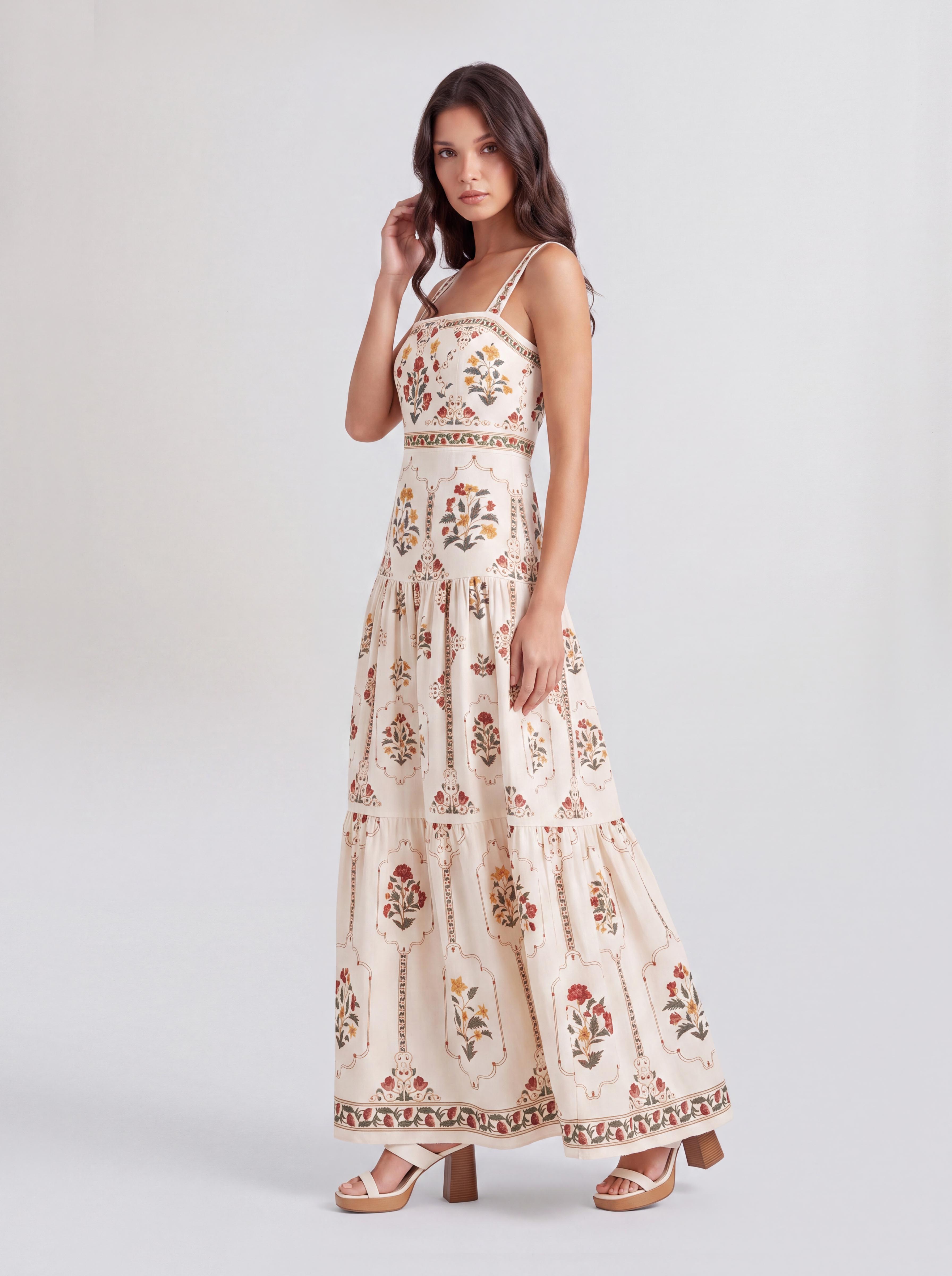 Vintage Floral Square Collar Thin Sling Layered Bohemian Dress
