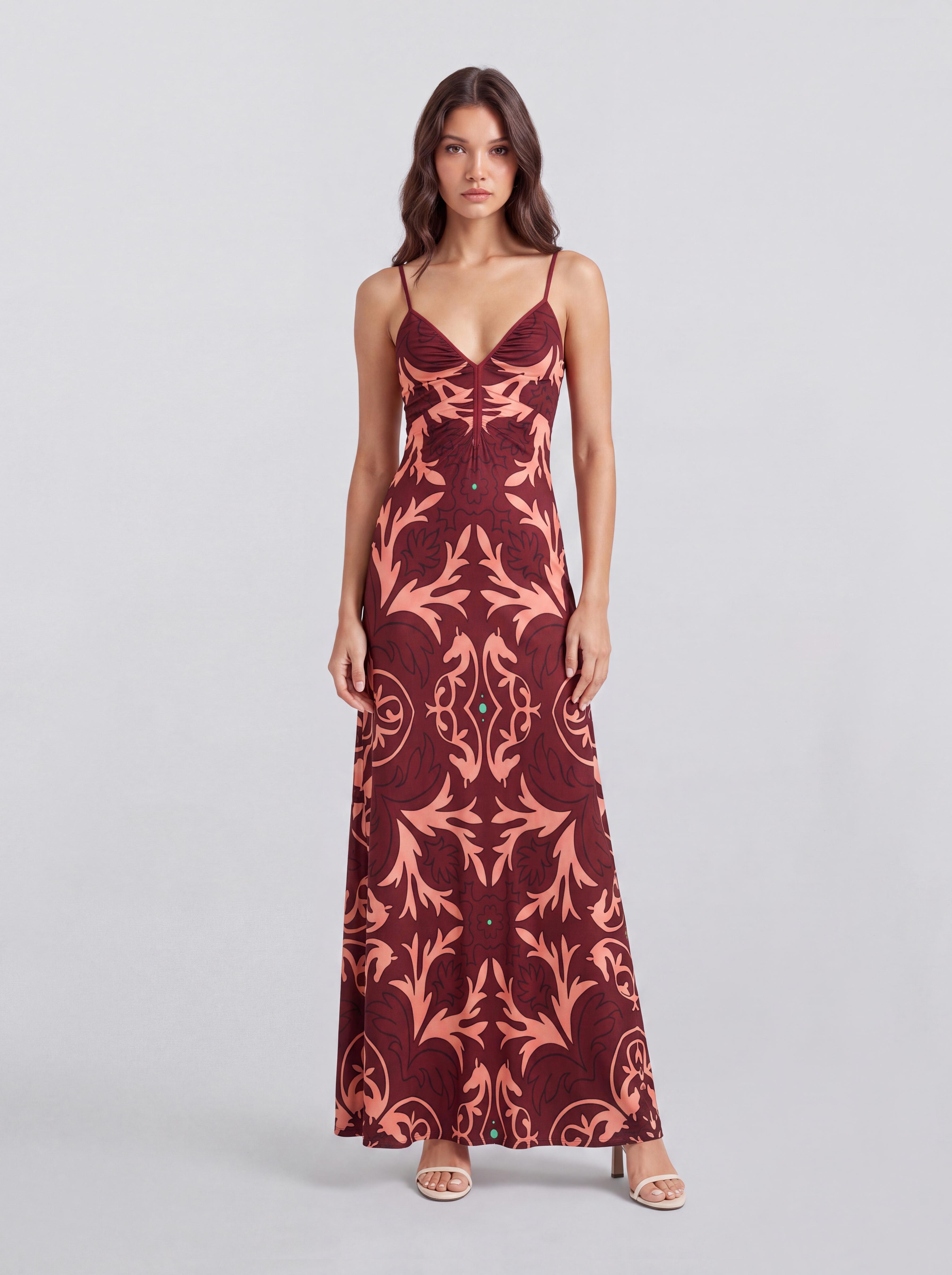 Retro European-style Pattern Slim-fit Long Dress With V-neck