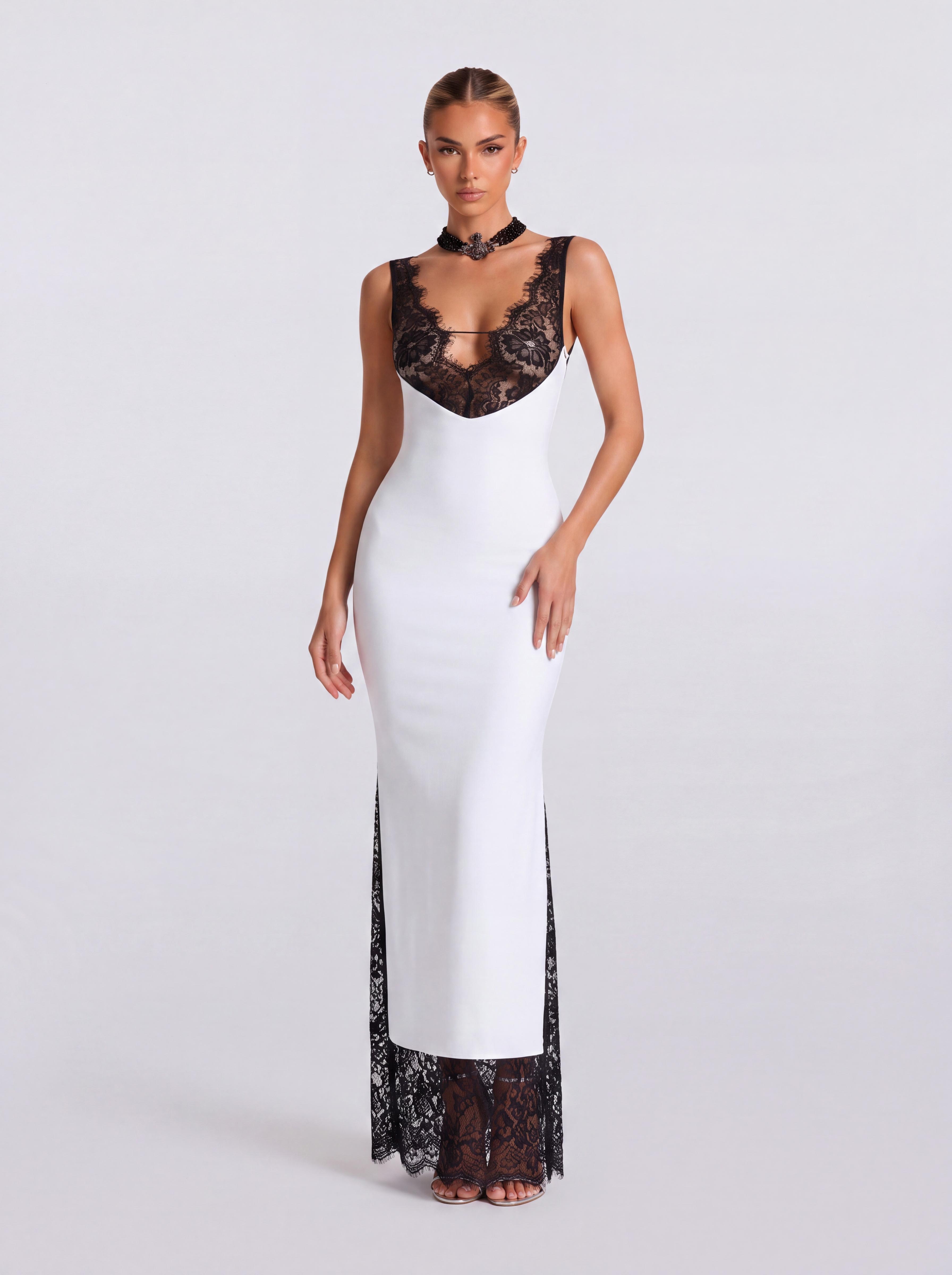 Lace V-Neck Split Fishtail Long Dress