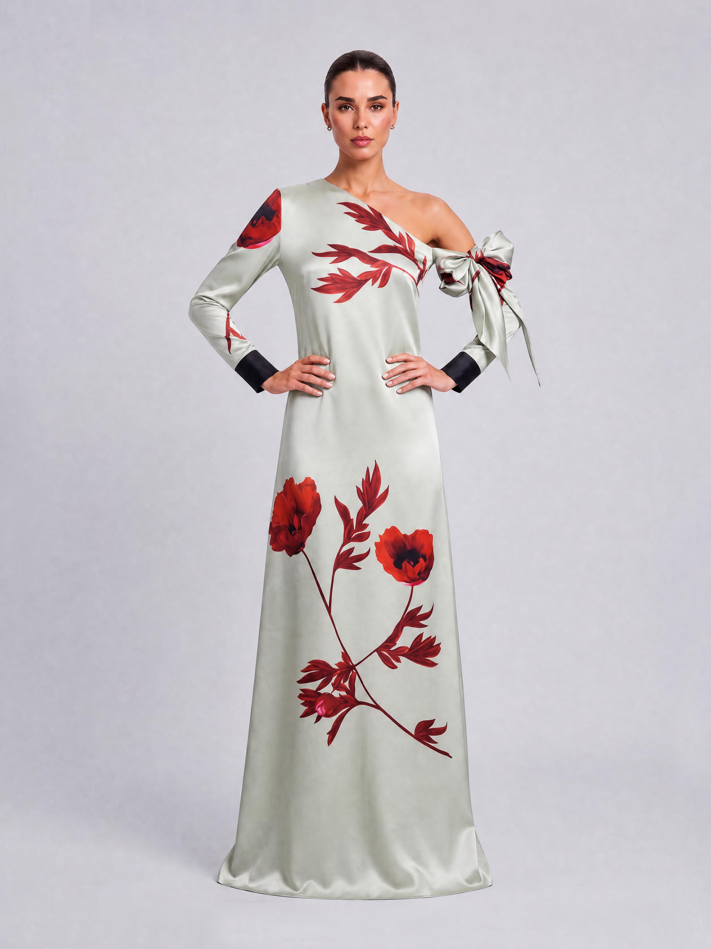 Scarlet-Shoulder Bow Satin Print Long Evening Gown