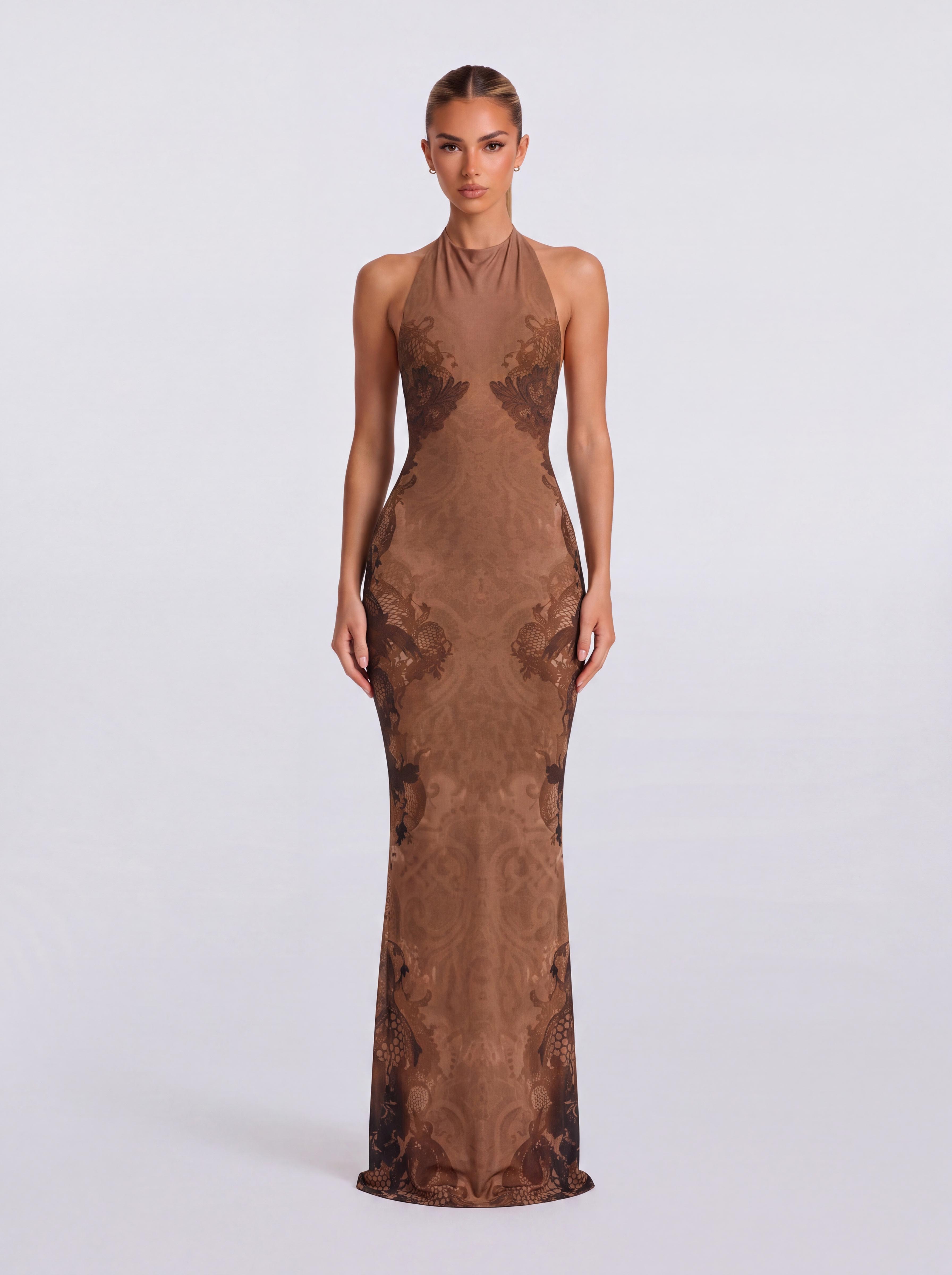 Curry Halter Dragon-Print Slim-Fit Fishtail Long Dress