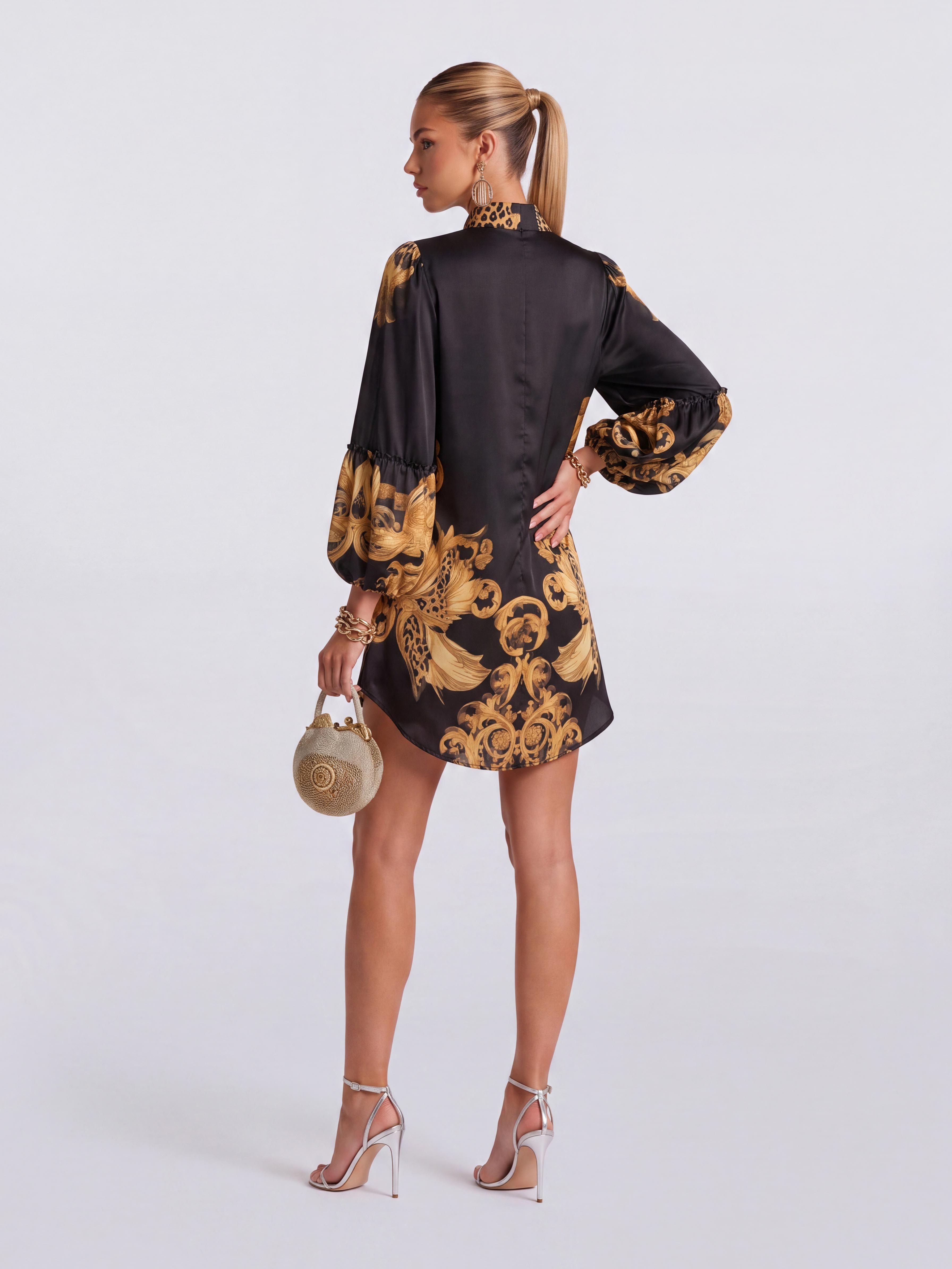 Vintage Black Gold Leopard Print Stand Collar Puff Sleeve Satin Short Dress