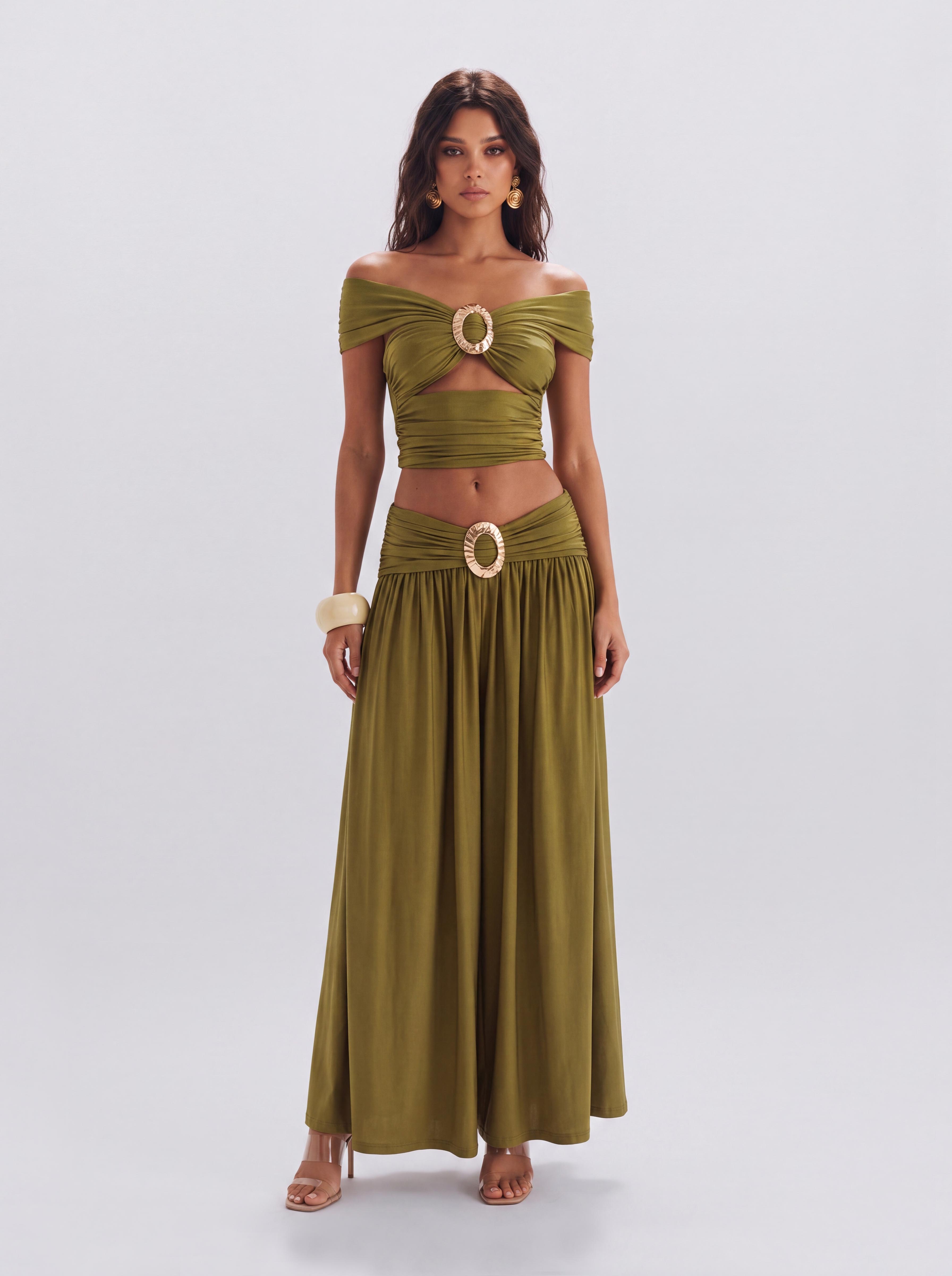 Olive Green Two-Piece Open-Shoulder Top With Metal Buckle