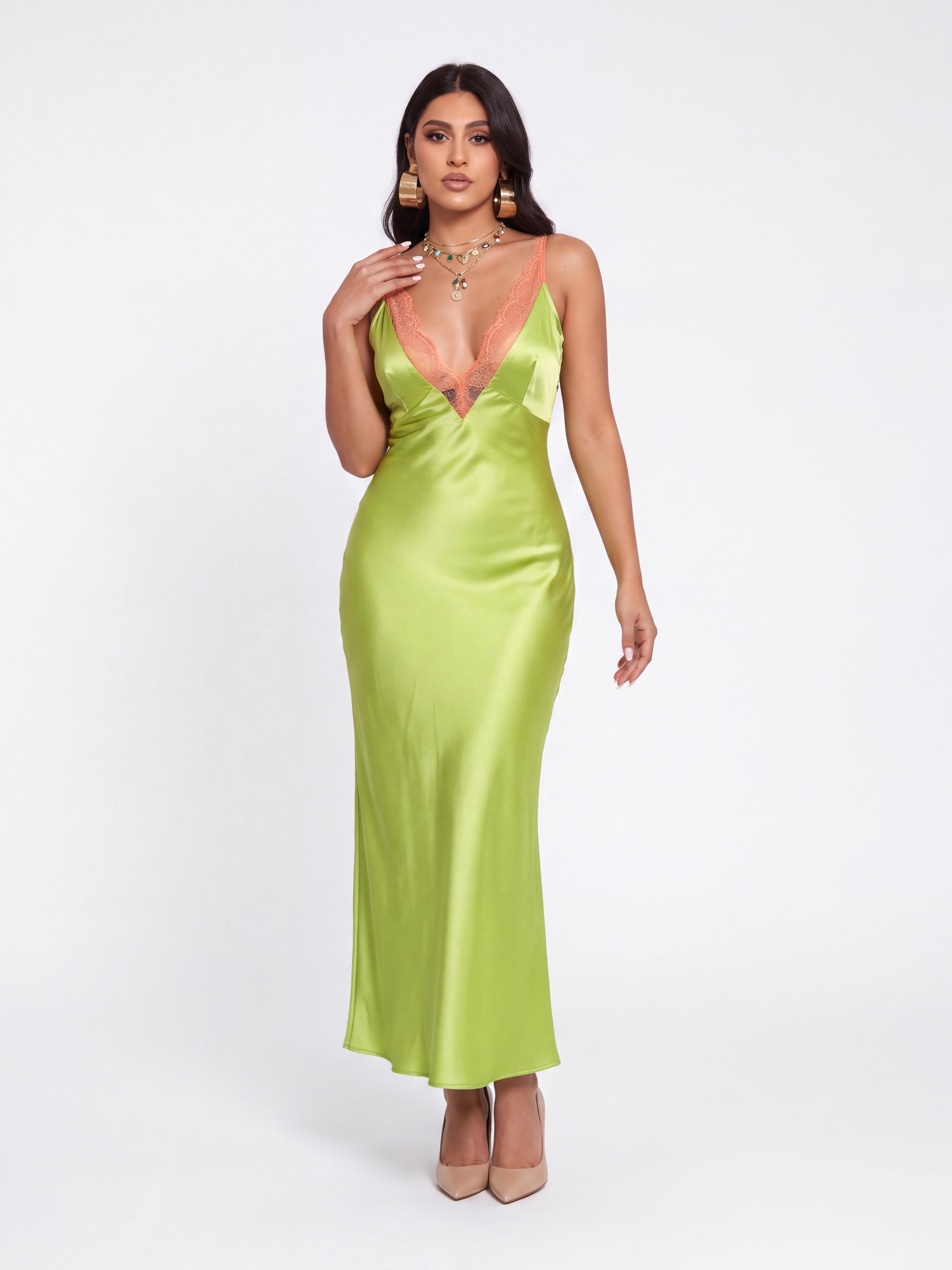Bright Green Lace V-Neck Satin Sling Fishtail Midi Dress