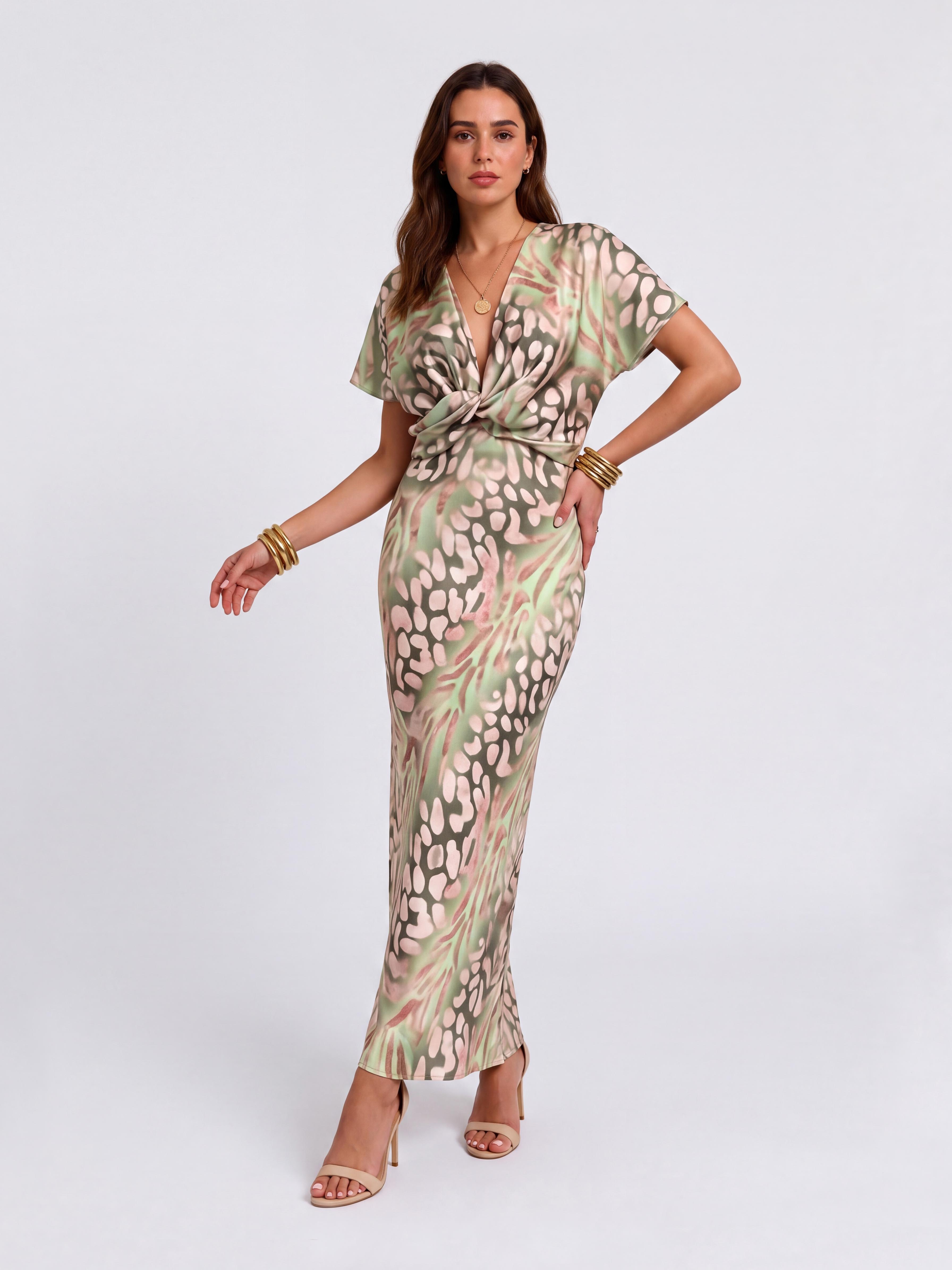 Vintage Simi-Dye Printed Satin Kink Deep V Short-Sleeved Hip Midi Dress