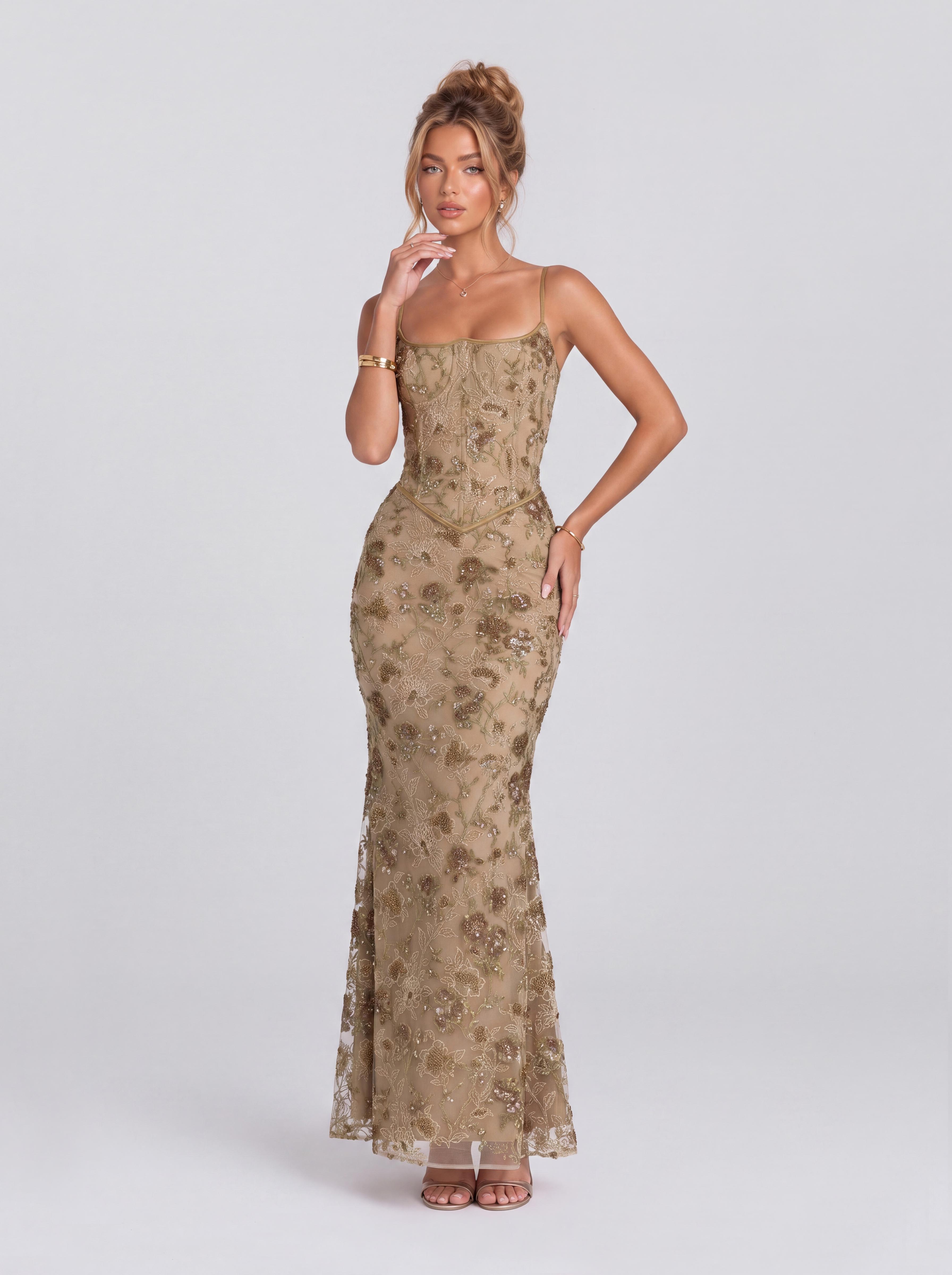 Vintage Floral Beaded Lace Belted Mermaid Dress