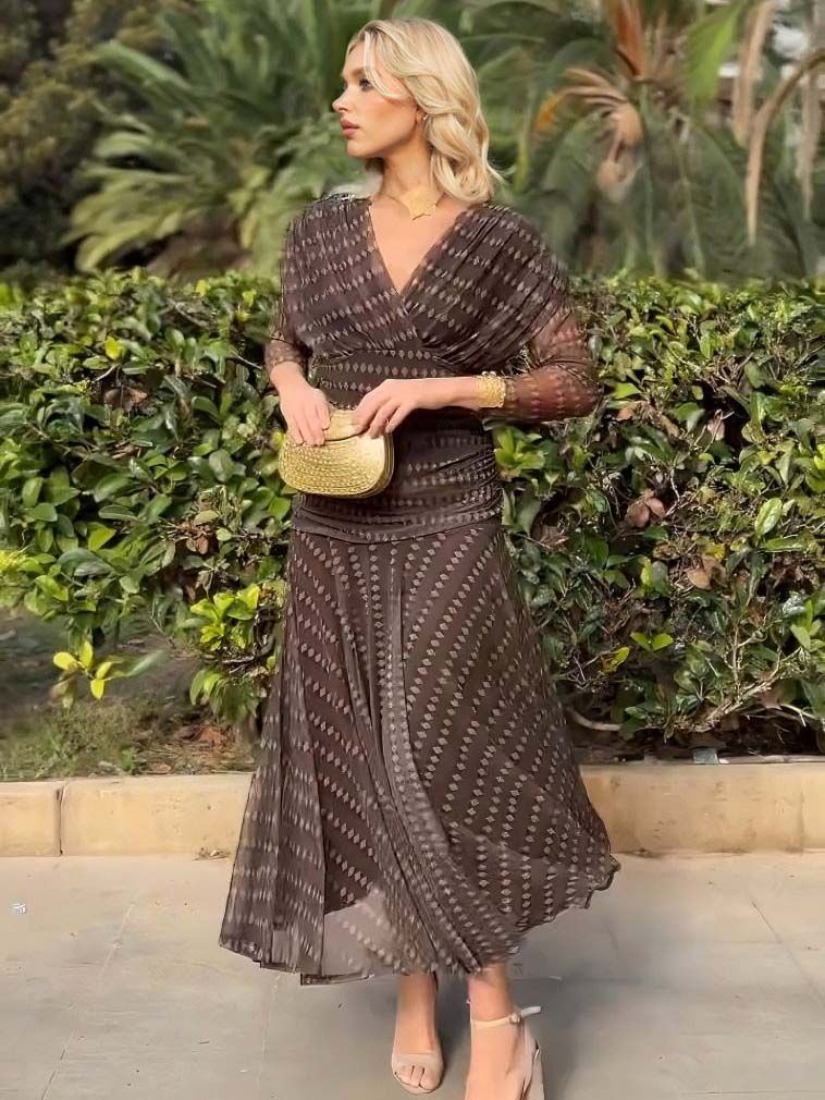 Elegant Retro Bohemian Style V-neck Mesh Print Maxi Dress