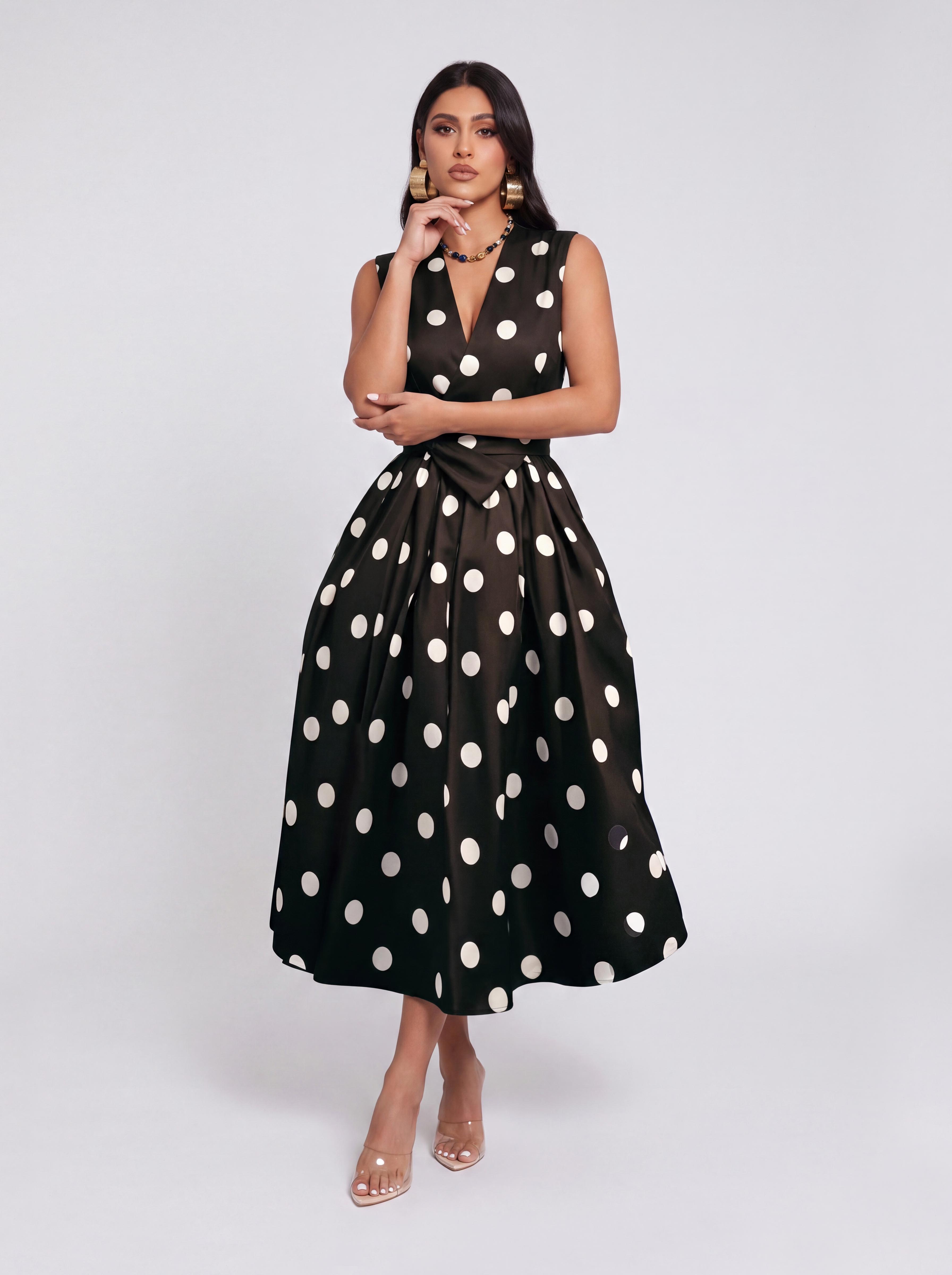 Vintage Polkdot Sleeveless V-neck Tight Waist Mid-length Umbrella Dress