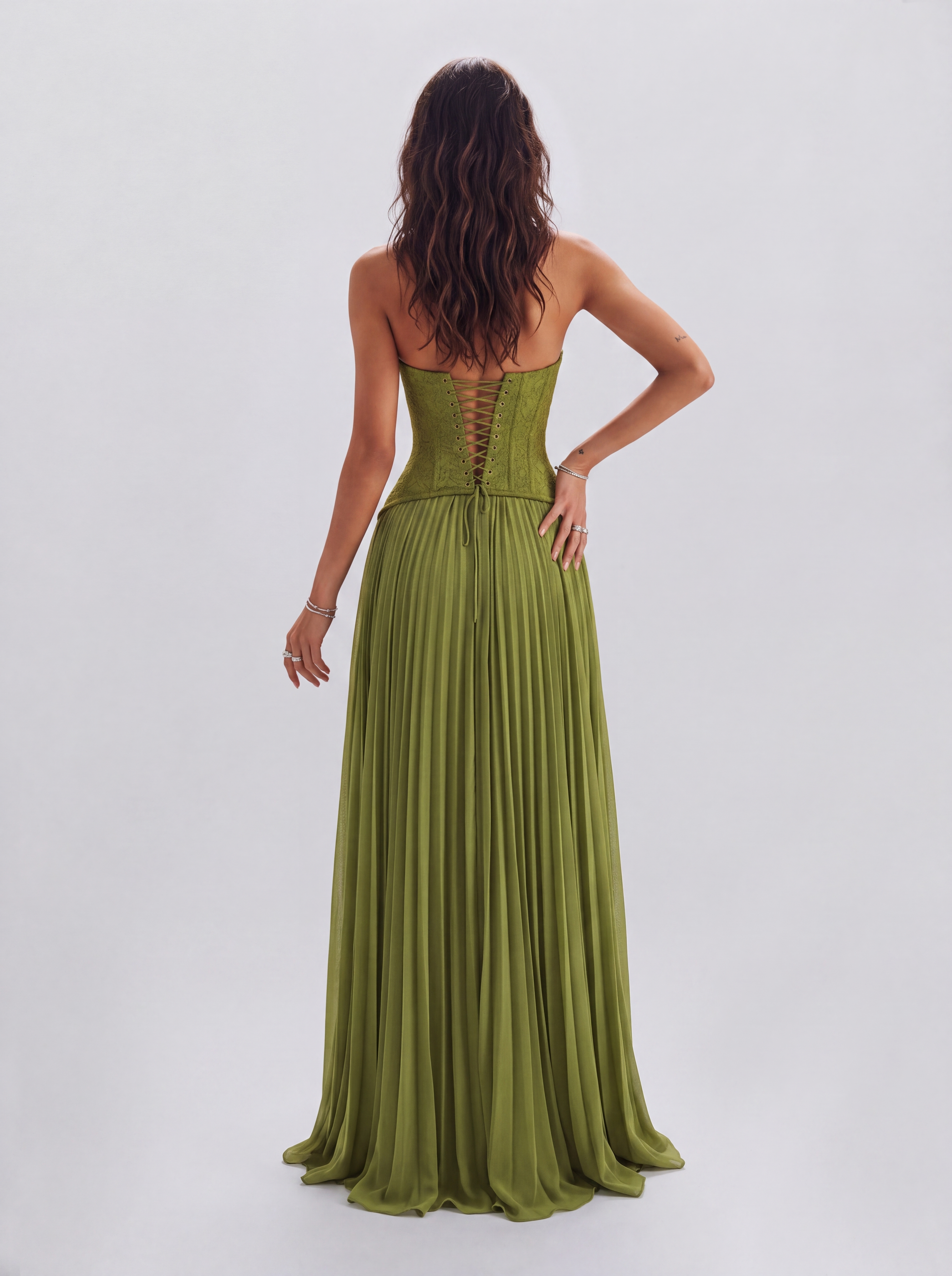 Lace Boom Neck Pleated Long Banquet Dress