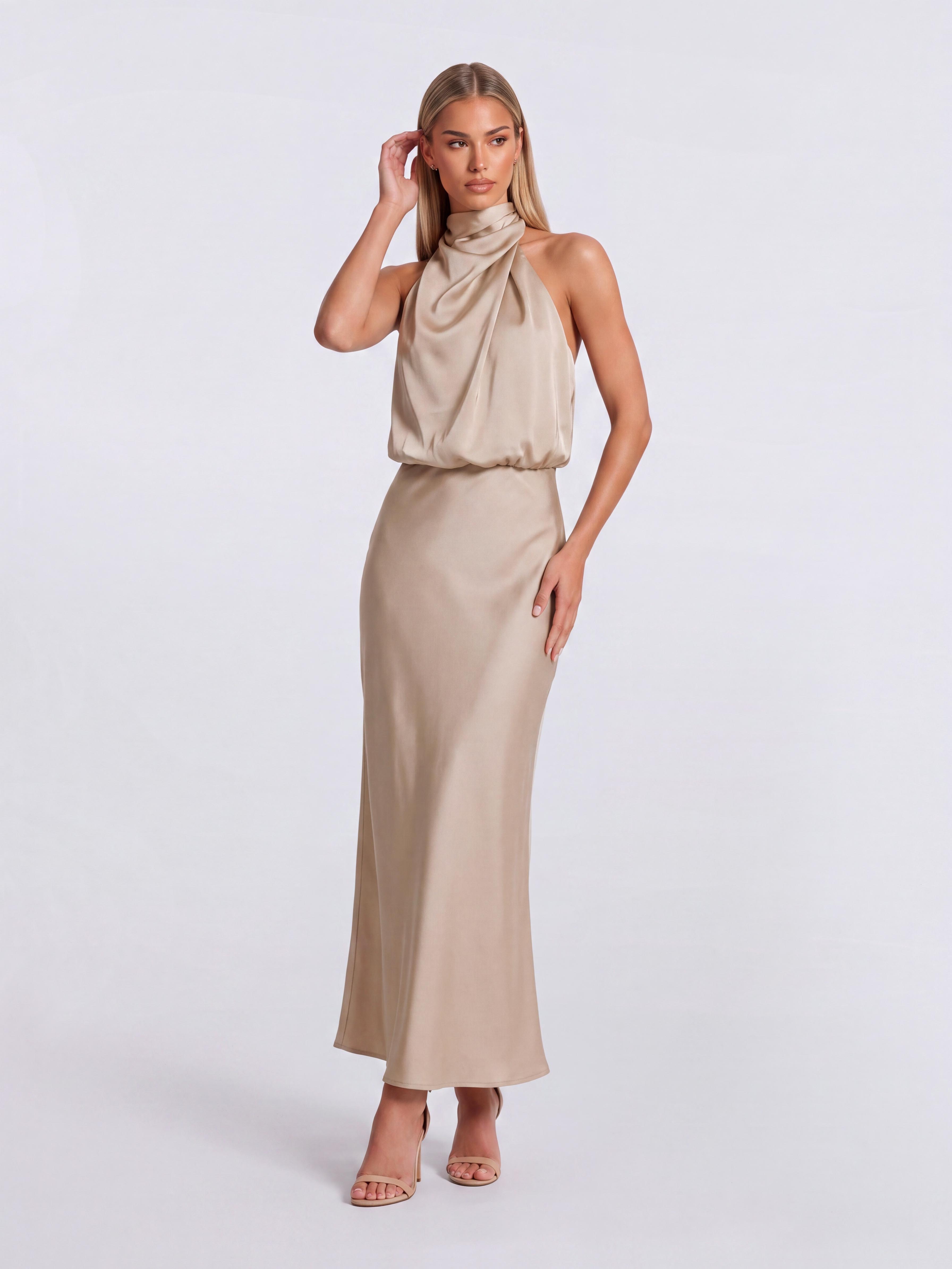 Slim-Fit Fishtail Mid-Length Neck Satin Dress