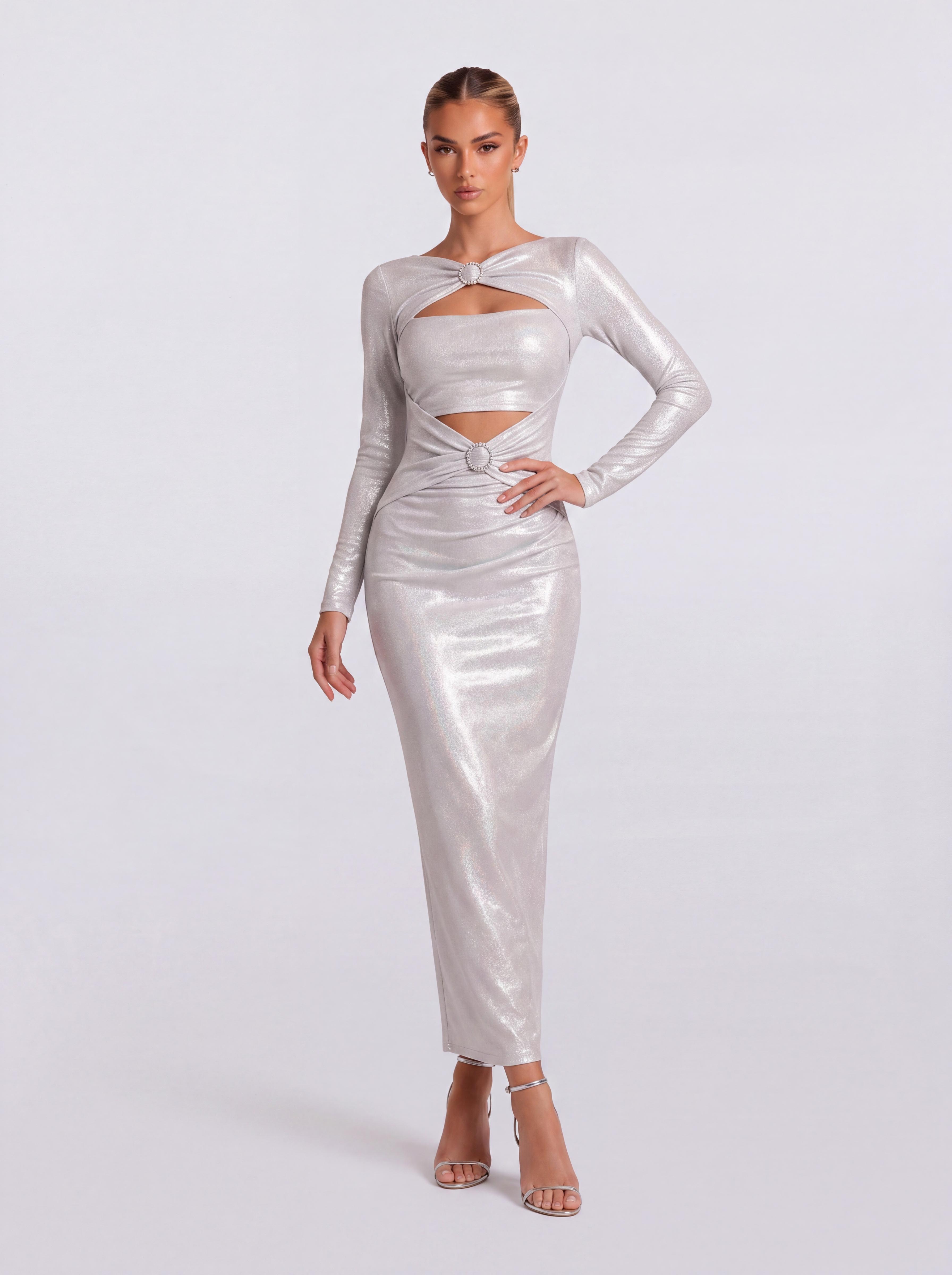 Bright-Face Ring Hollow-Out Long-Sleeved Slim-Fit Hip Mid-Length Dress