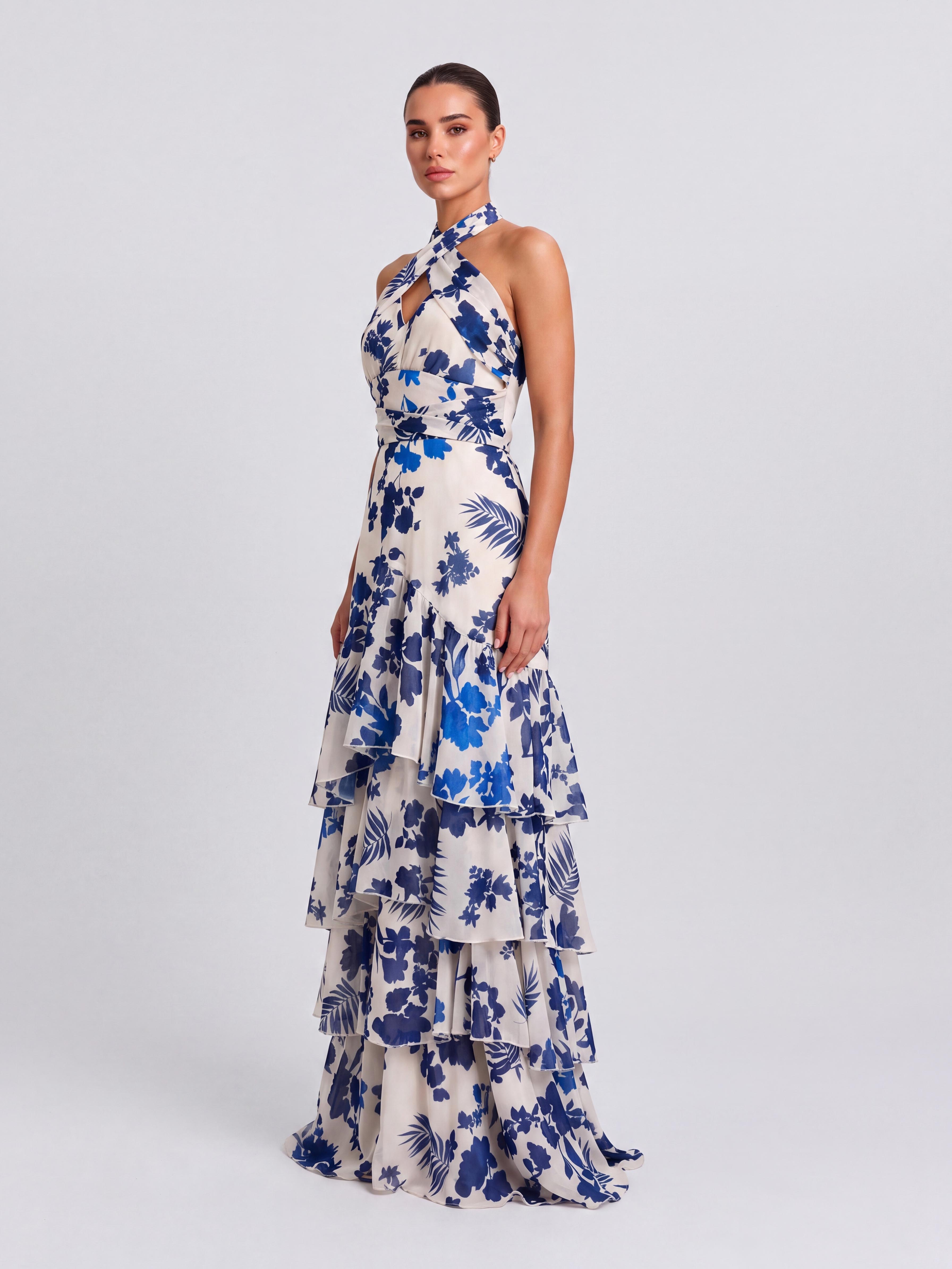 Cross-neck Blue And White Porcelain Printed Tie-waist Multi-layer Ruffled Split Long Dress