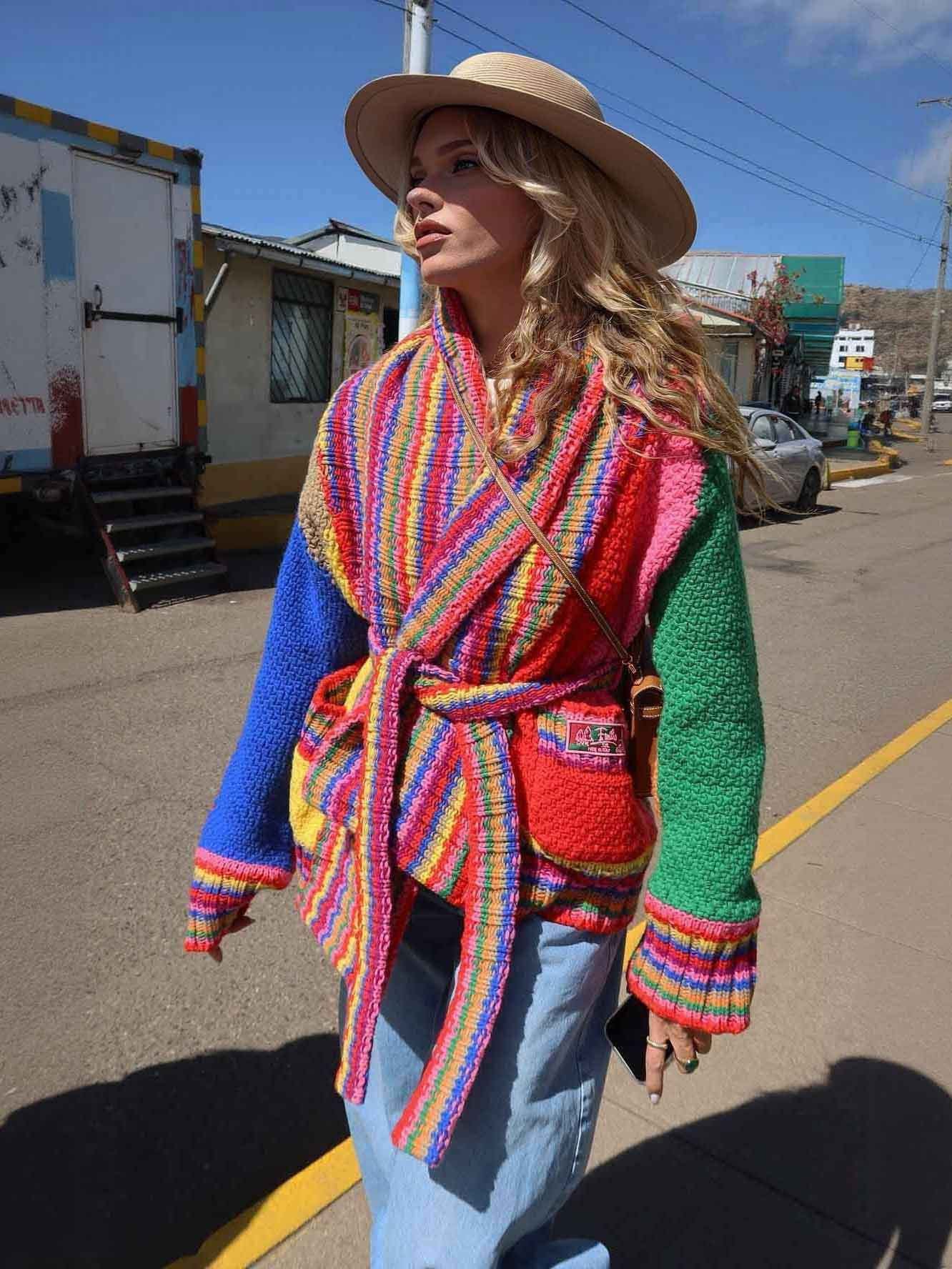 Unique Color-Block Hand-Knitted Belted Cardigan