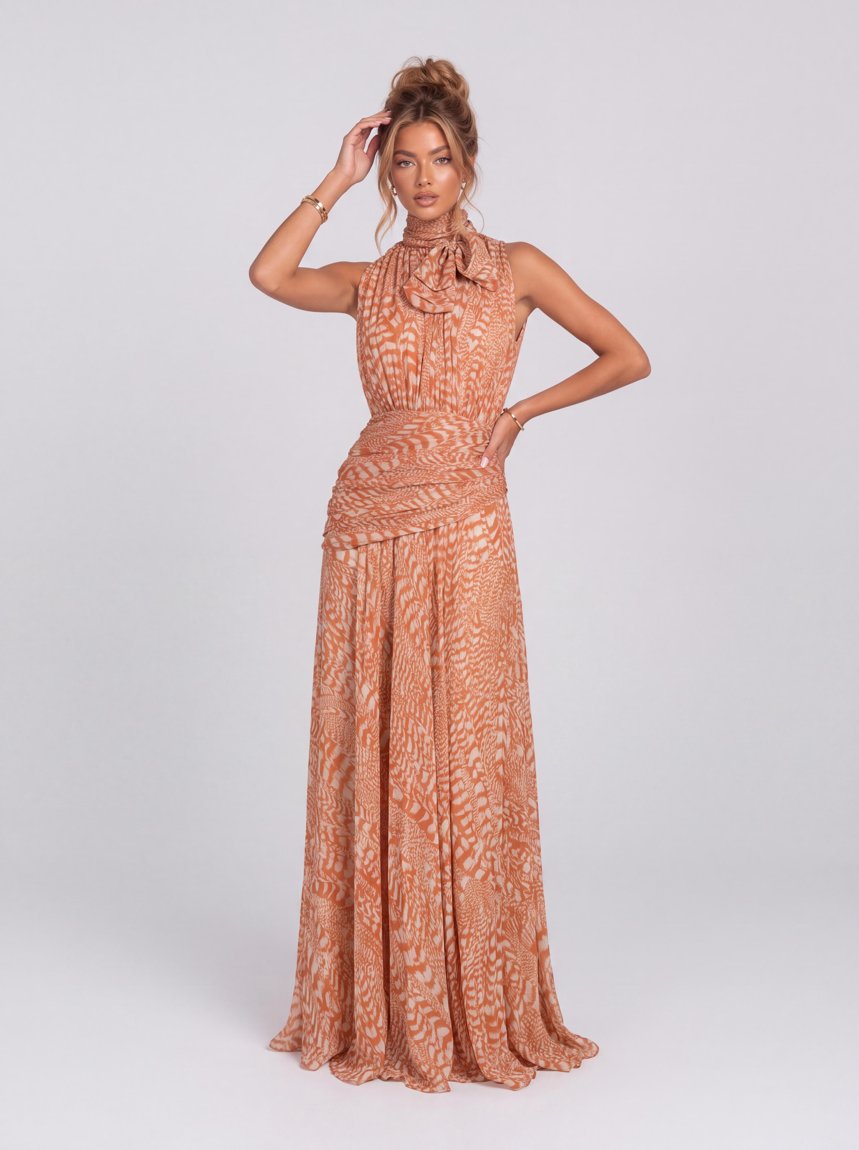 Caramel Textured Strap Lap Collar Sleeveless Tight Waist Pleated Vacation Long Dress