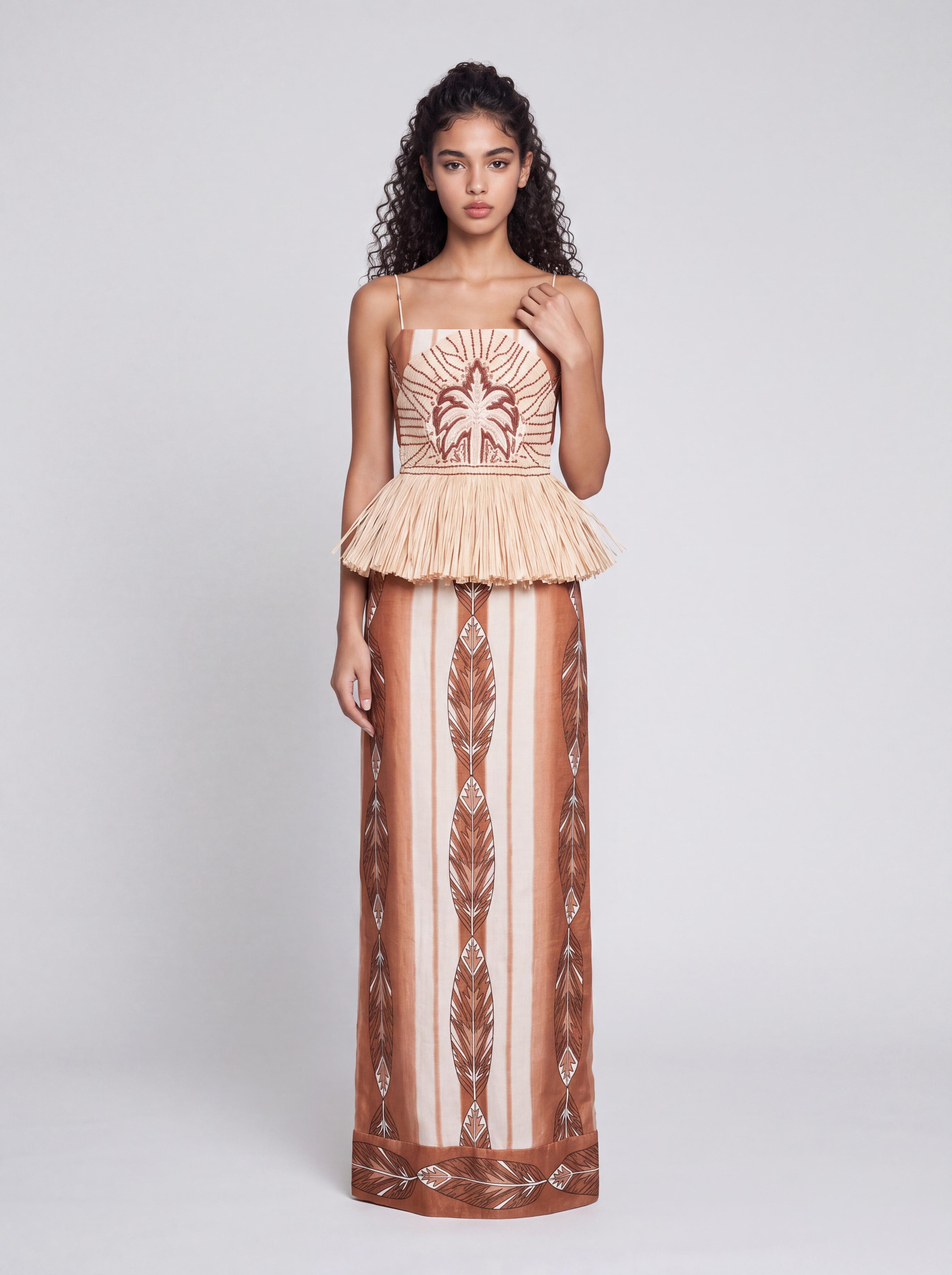Bohemian Fine Strap Tassel-Patched Palm Feather Print Long Dress