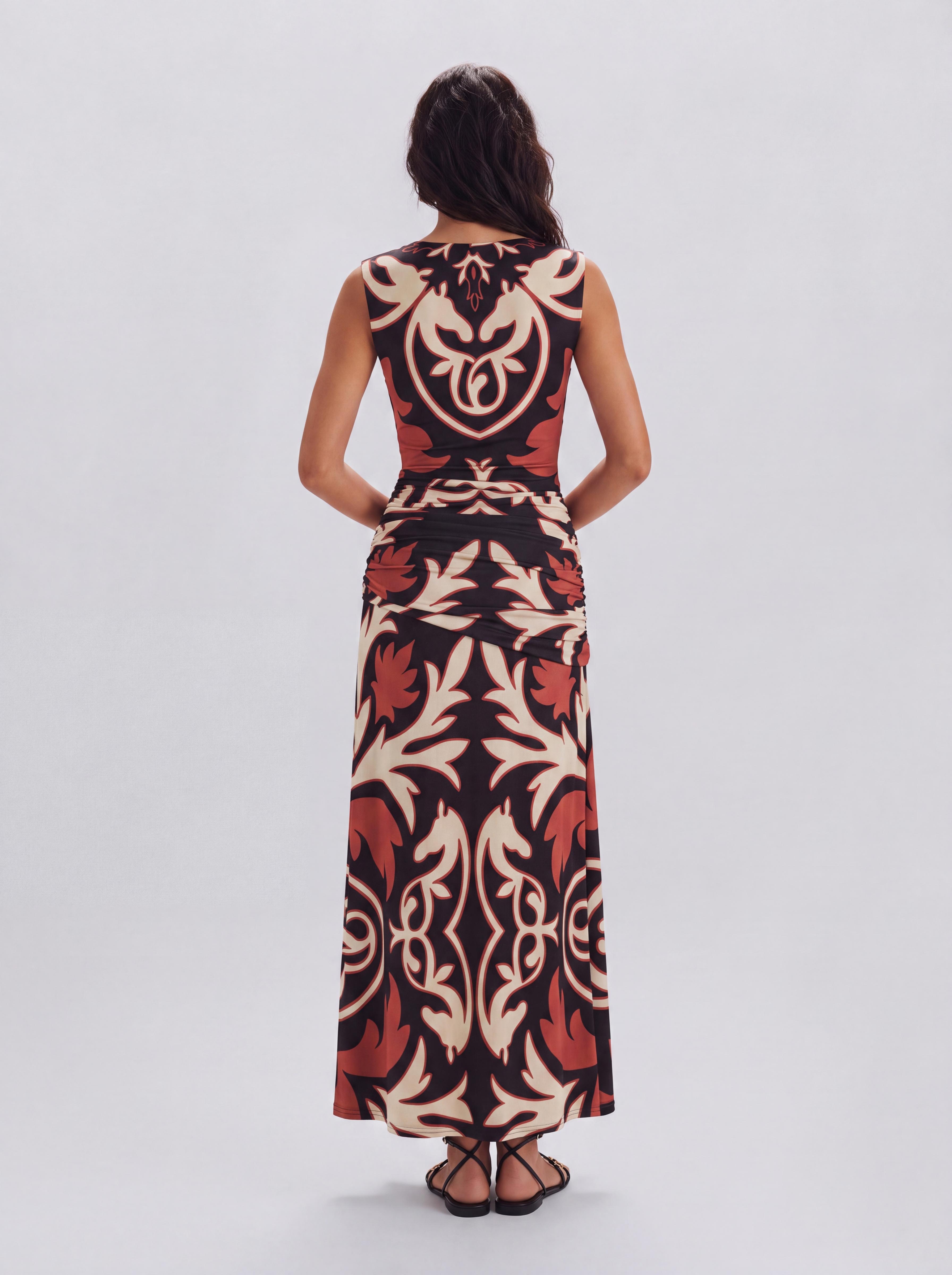 Vintage Horse Pattern Kink Deep V Sleeveless Cut-Waist Drape Slim-Fit Long Dress