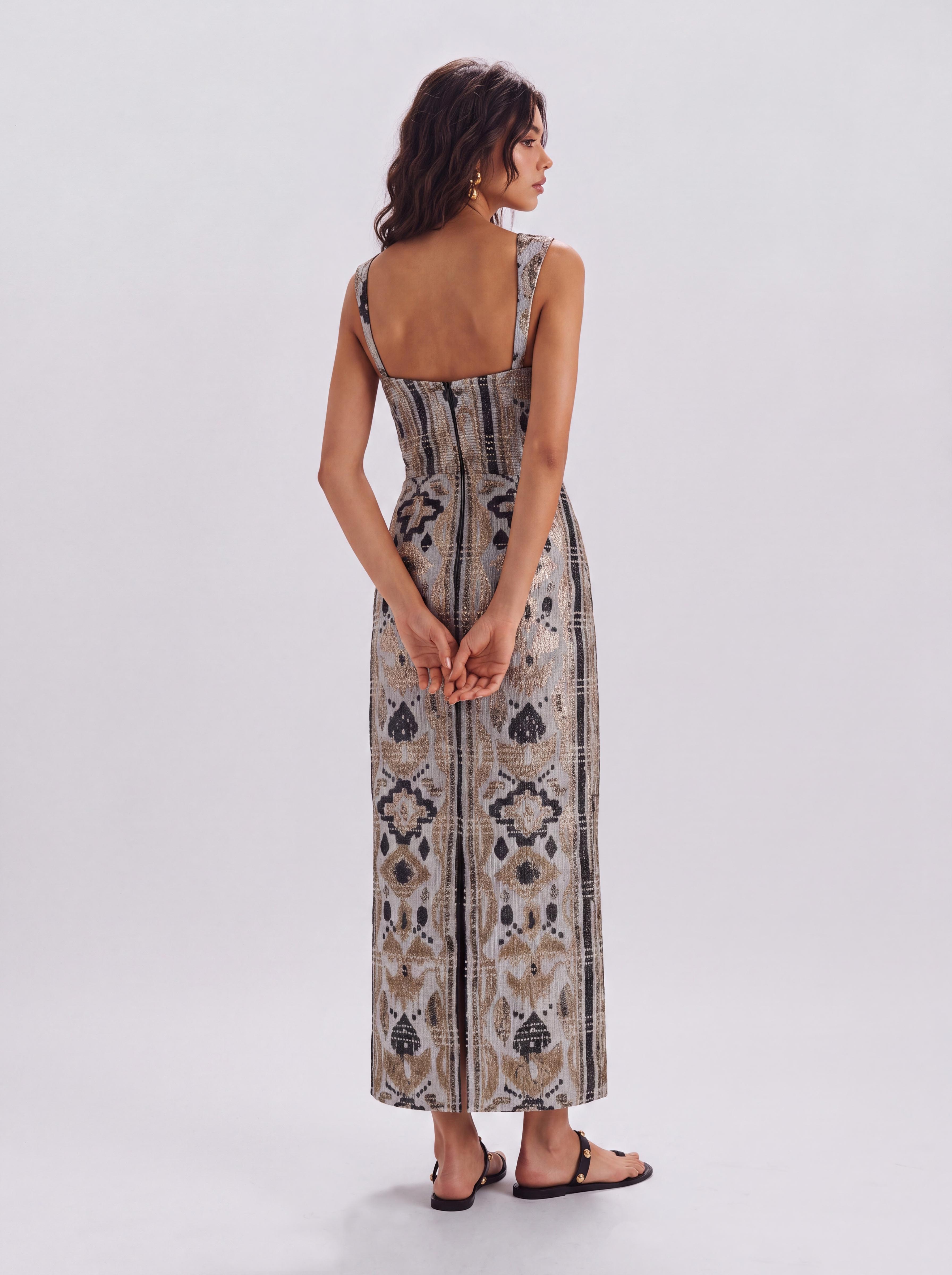 Bohemian Jacquard Square-Collar Cutout Tight Waist Mid-Length Sling Dress