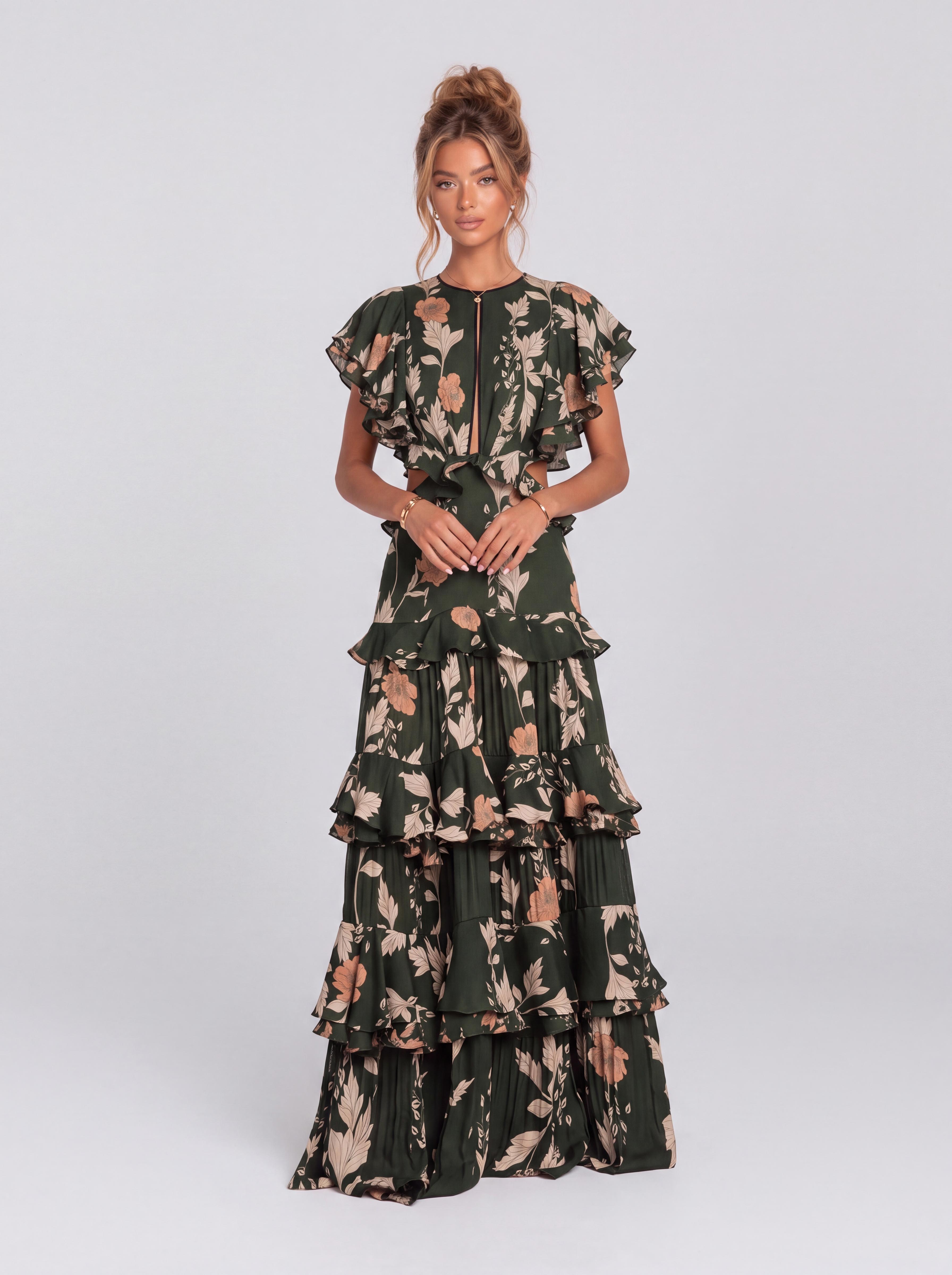 Dark Green Floral Ruffled Waist Layered Long Holiday Dress