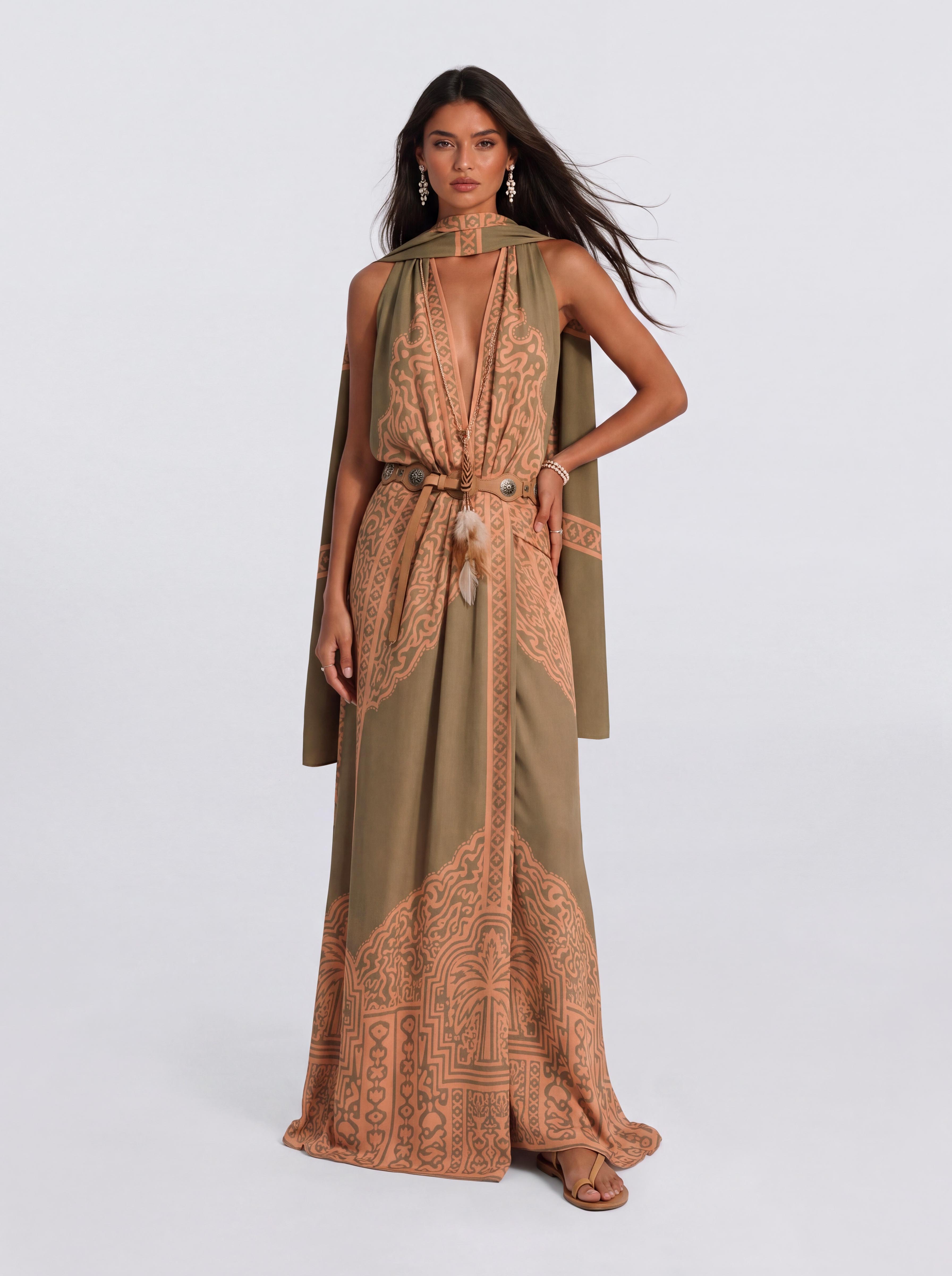 Vintage Ethnic Print Long Dress With Deep V-Shed Neck