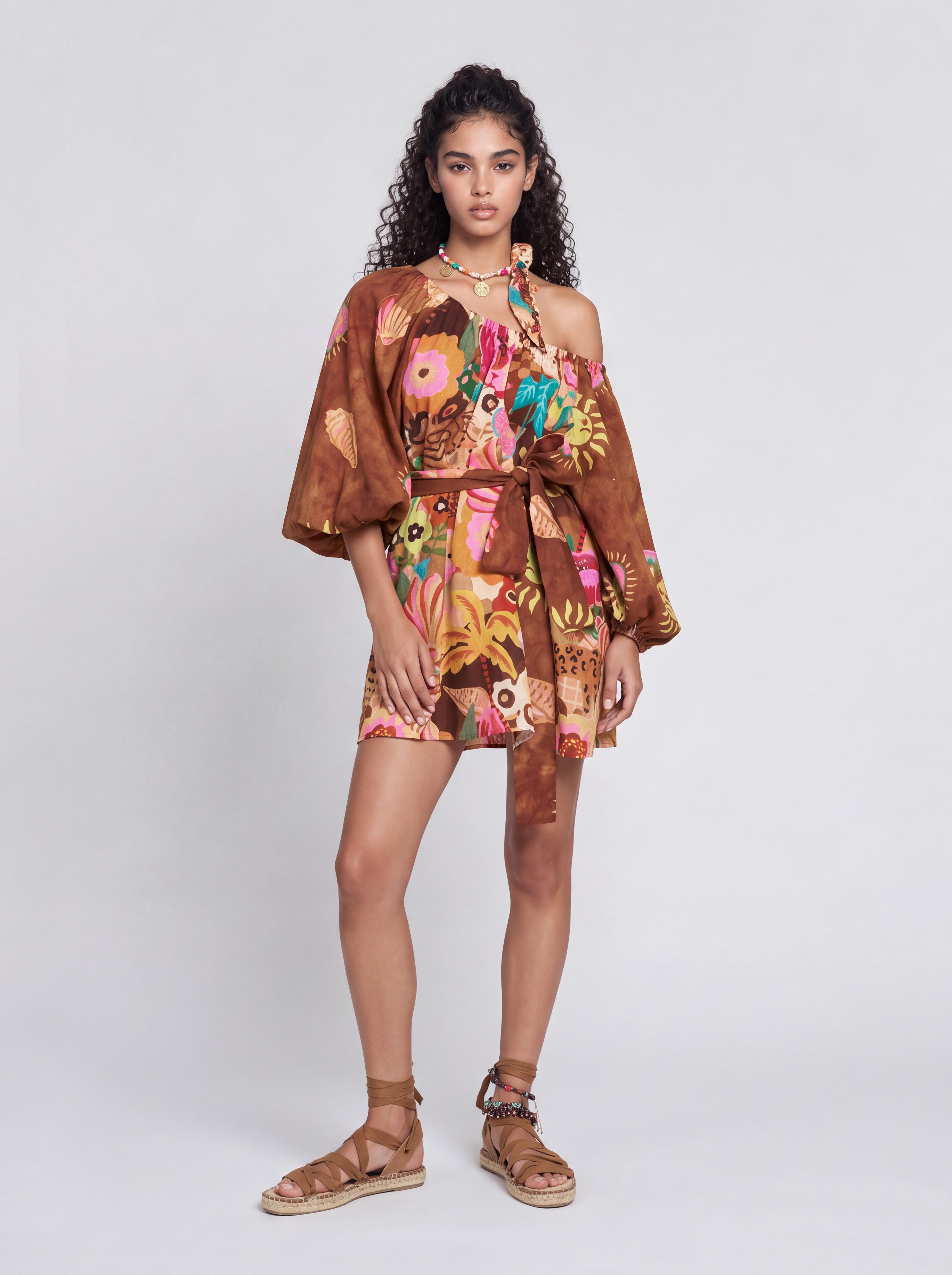 Vintage Fun Sun Floral Print Square Collar Puff Sleeve Tight Short Dress