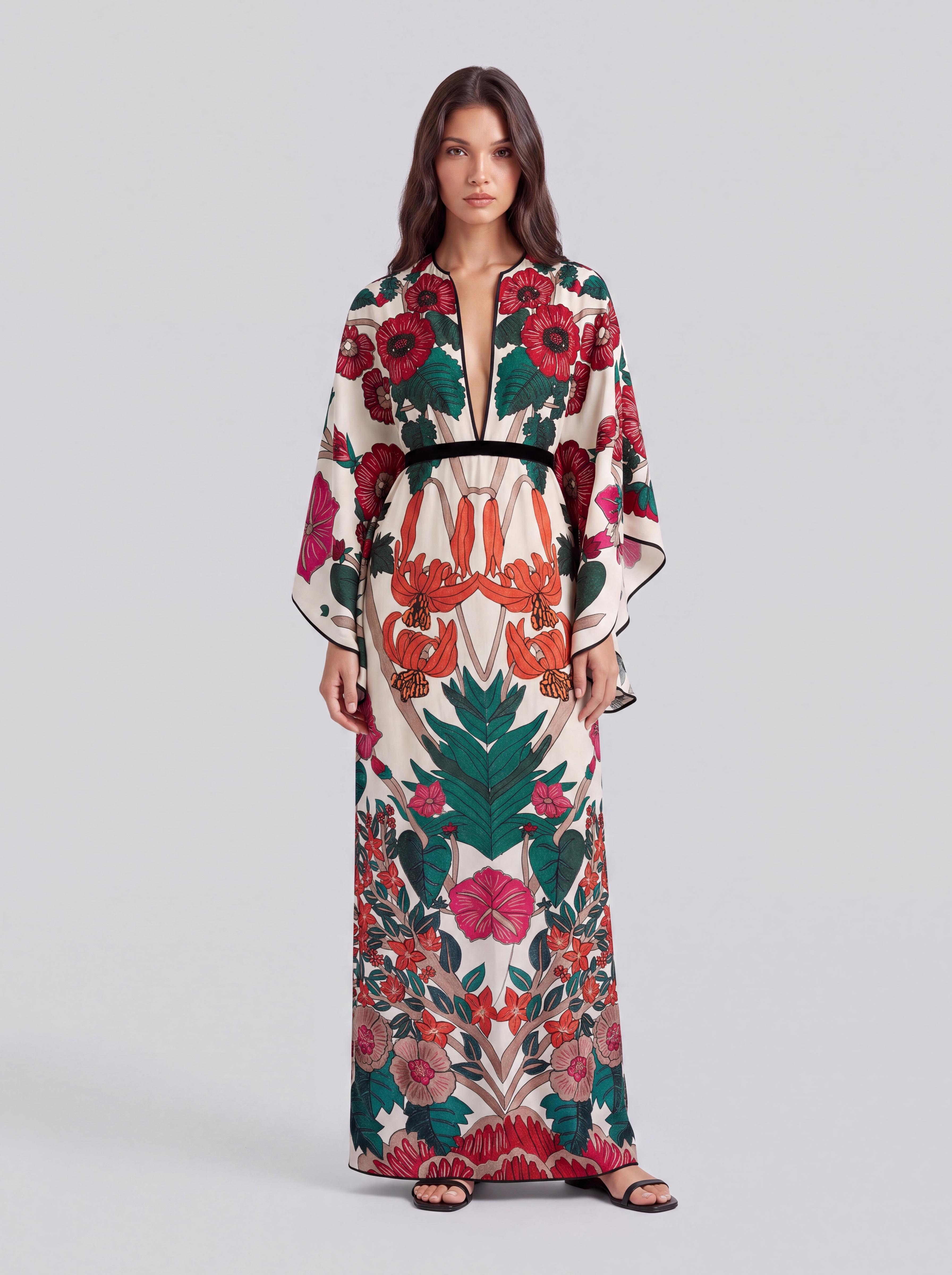 Vintage Large Floral Print Trumpet Sleeve Tight Waist Long Vacation Dress