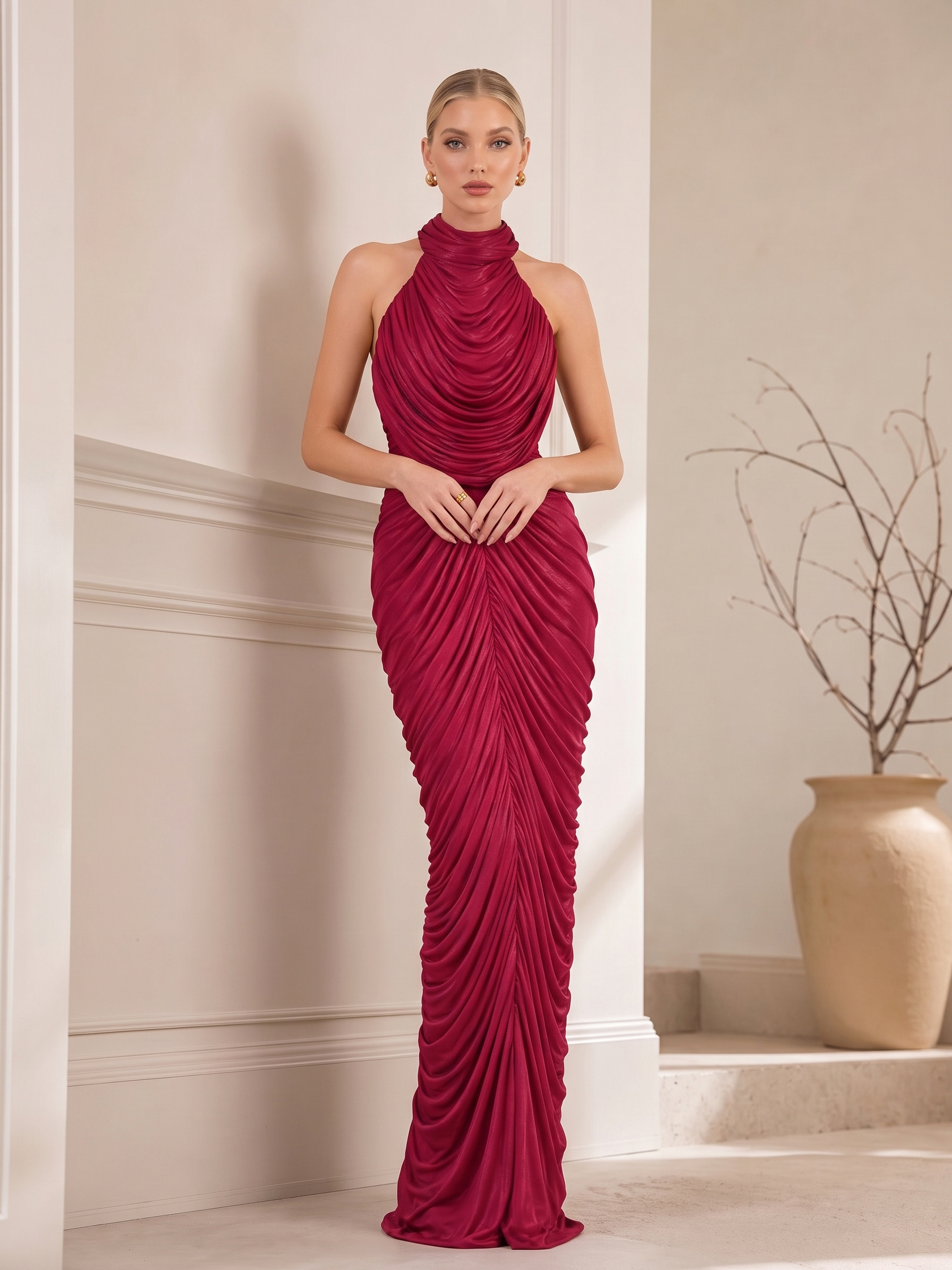 Halter Neck Metallic Pleated Mermaid Evening Gown