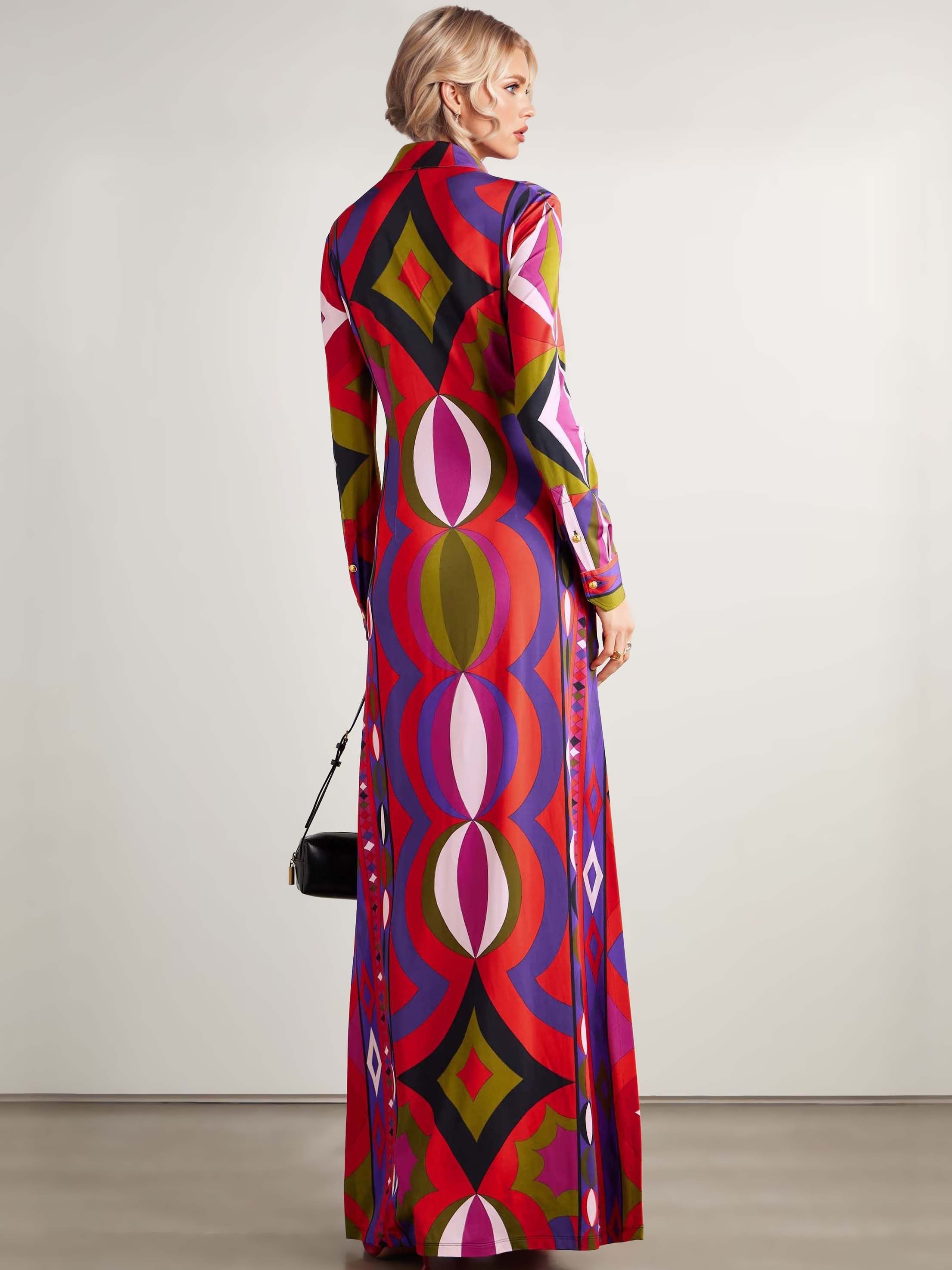 Unique Retro Abstract Print Shirt Collar Maxi Dress