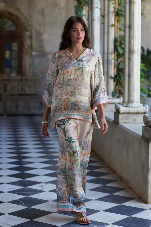 Playful And Elegant Digital Print Flared Sleeve Loose Oversized Shirt