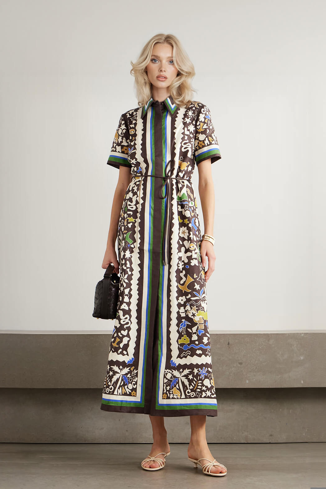 Unique Retro Moroccan Print Belted Linen Midi Dress
