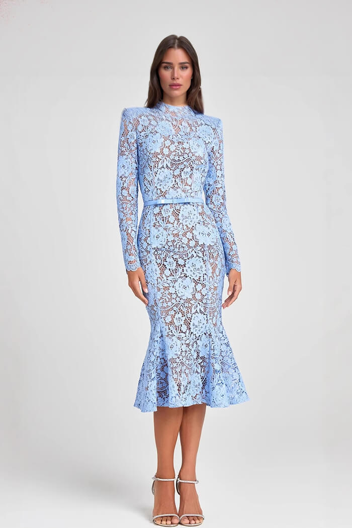 Elegant Lace Belted Long Sleeve Mermaid Midi Dress